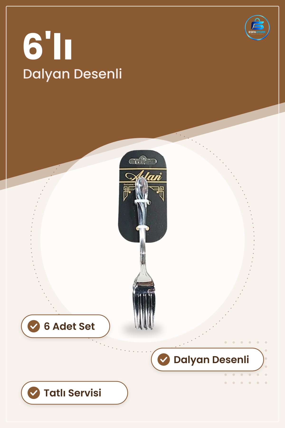 Tatlı Çatalı 6'lı Dalyan Desenli Sofra Servisi İçin Mutfak Ev Kullanımına Uygun Set