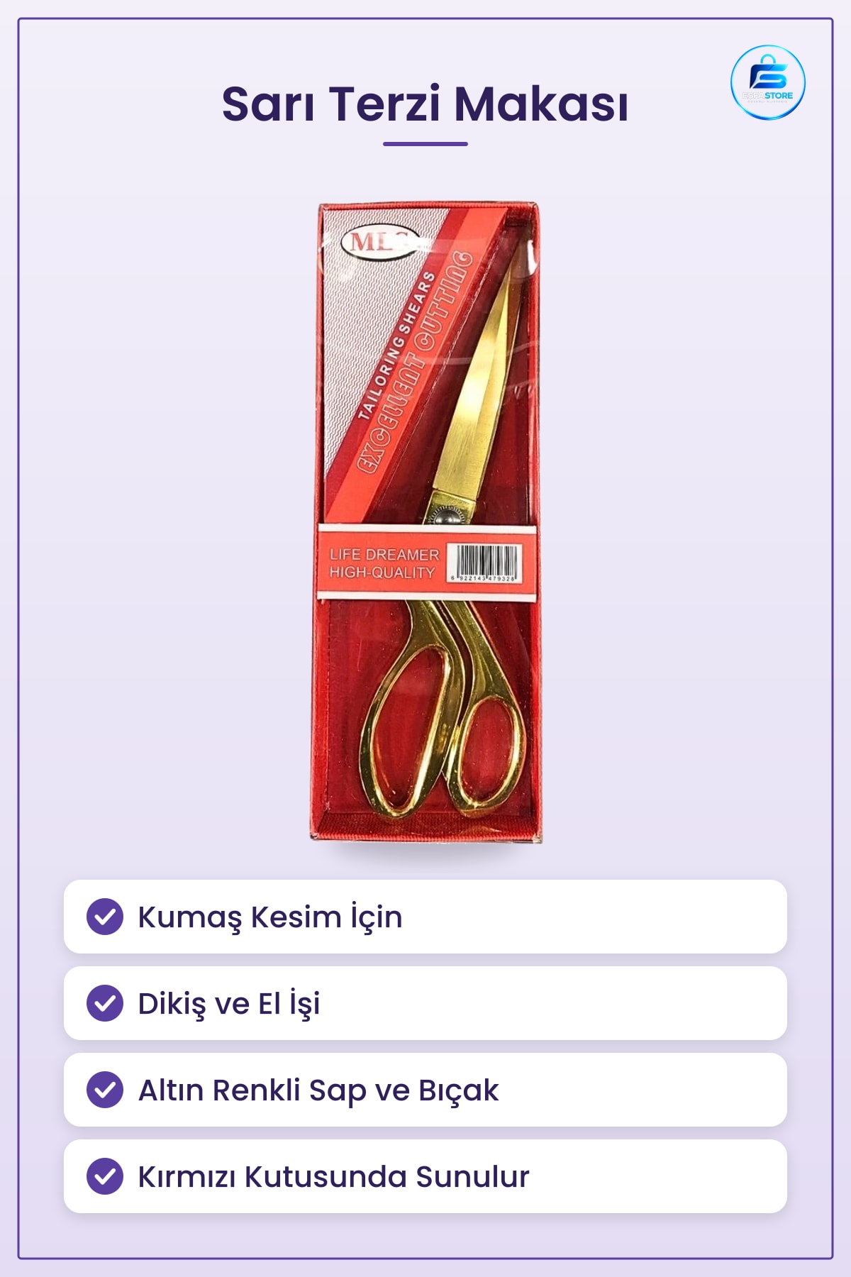 Sarı Terzi Makası Altın Renkli Kumaş Kesim Dikiş Ev Atölye Profesyonel Kırtasiye Ofis