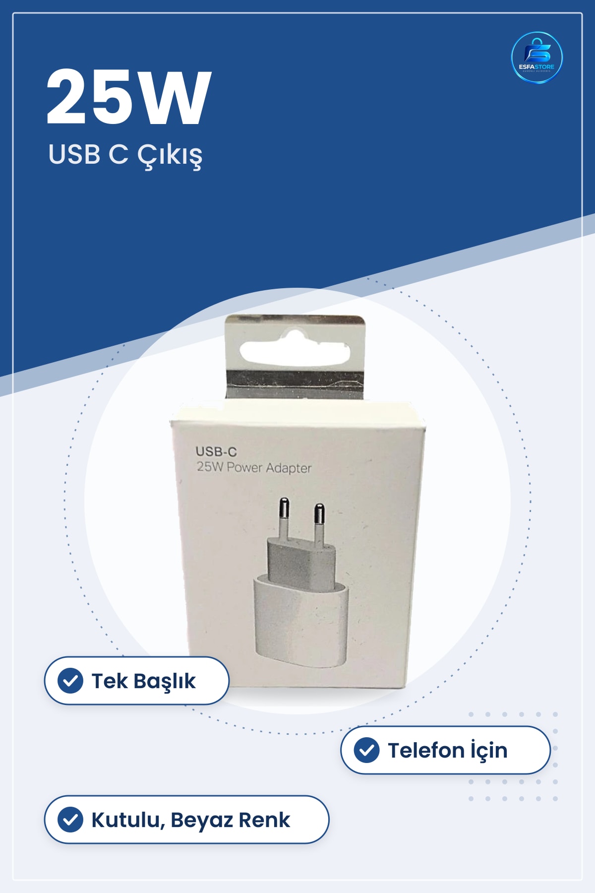 USB C Şarj Aleti 20W ila 25W Tek Başlık Telefon İçin Kutulu Hızlı Adaptör Beyaz Renk