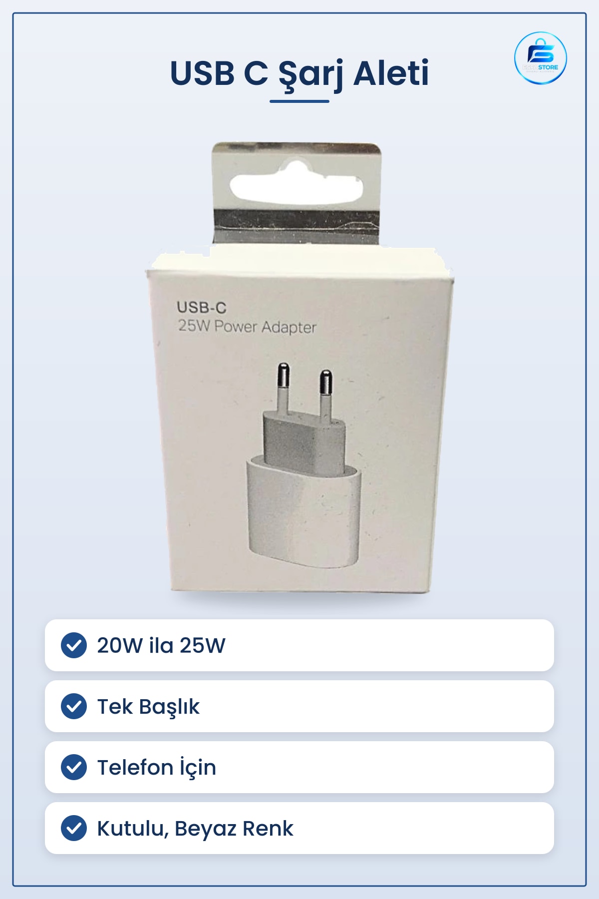 USB C Şarj Aleti 20W ila 25W Tek Başlık Telefon İçin Kutulu Hızlı Adaptör Beyaz Renk