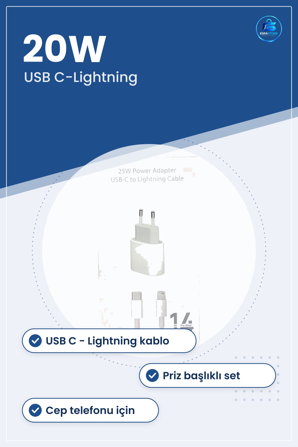Şarj Aleti 20W Başlık ve Kablo Seti USB C Lightning Bağlantılı Cep Telefonu Güç Adaptörü