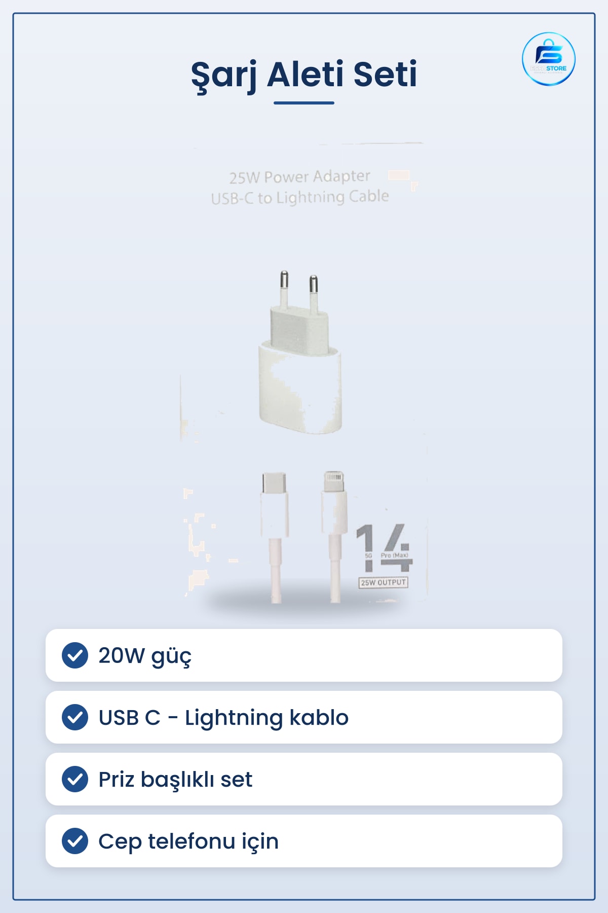 Şarj Aleti 20W Başlık ve Kablo Seti USB C Lightning Bağlantılı Cep Telefonu Güç Adaptörü