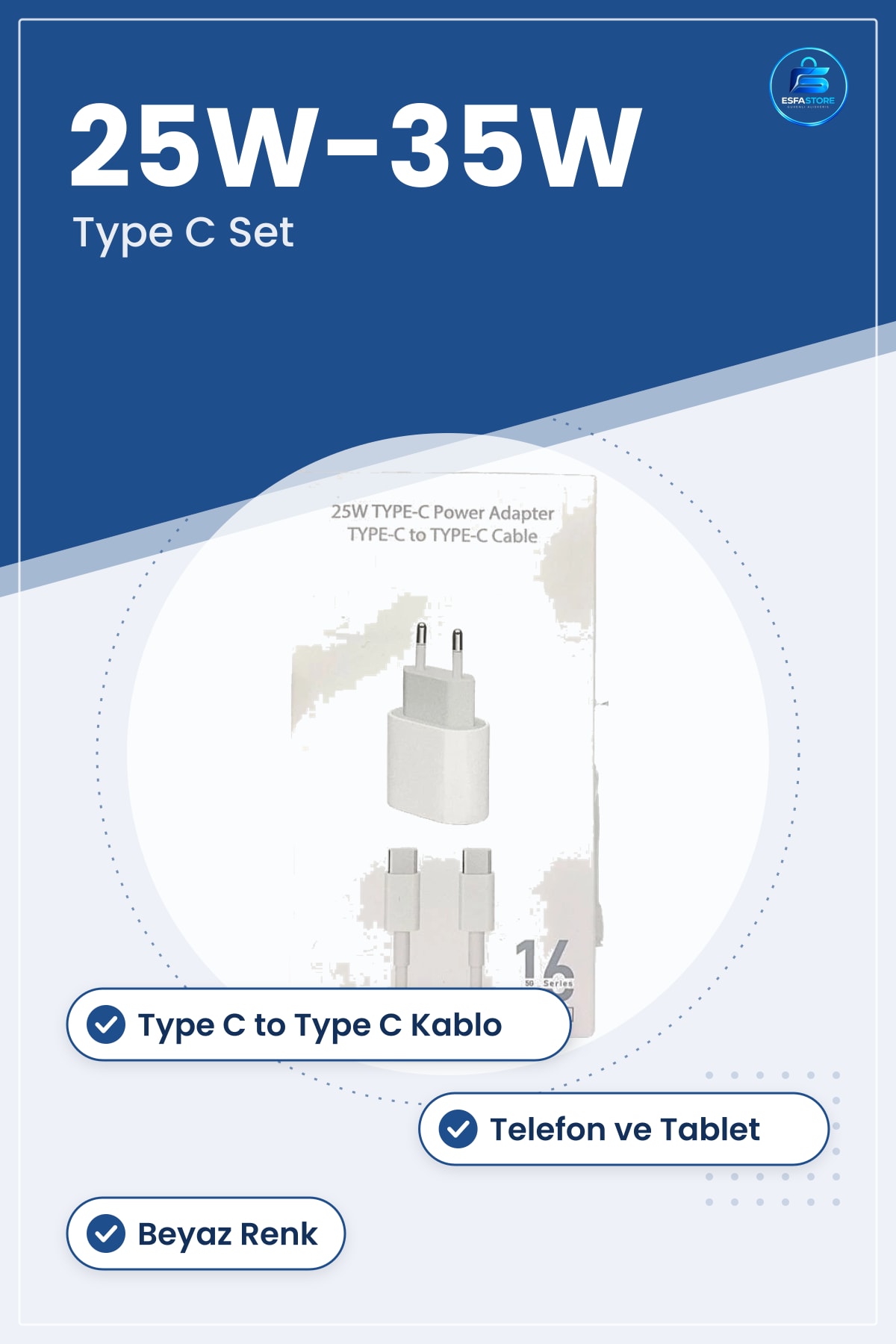 Şarj Aleti 25W ve 35W Type C Adaptör Kablo Seti Hızlı Telefon Tablet Güç Başlığı Beyaz