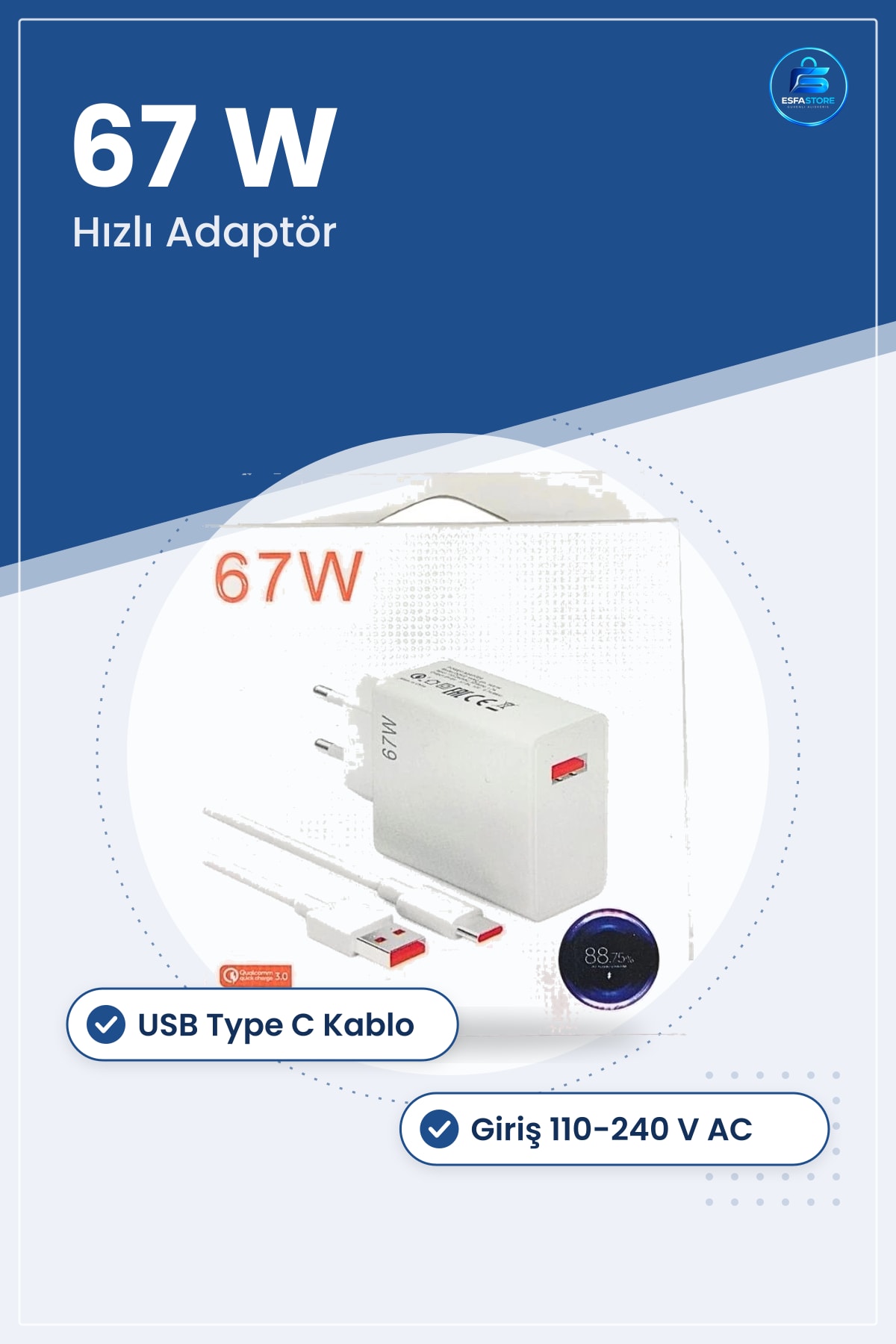 Şarj Aleti 67 W Hızlı Adaptör USB Type C Kablolu Set Telefon Uyumlu Başlık ve Kablo