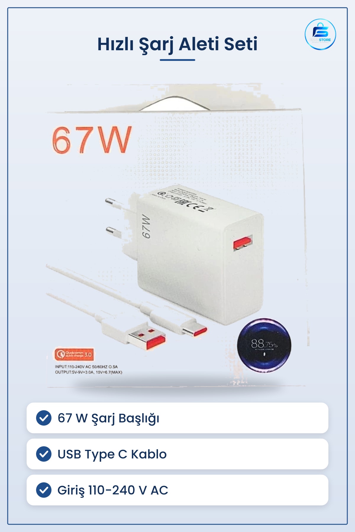 Şarj Aleti 67 W Hızlı Adaptör USB Type C Kablolu Set Telefon Uyumlu Başlık ve Kablo