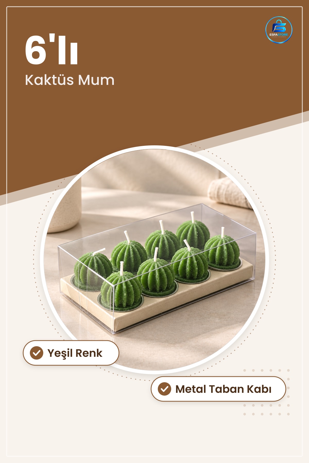 Yeşil Tombul Kaktüs Mum 6'lı Dekoratif Tealight Seti Ev Dekorasyonu Ofis Masa Aksesuarı Hediyelik