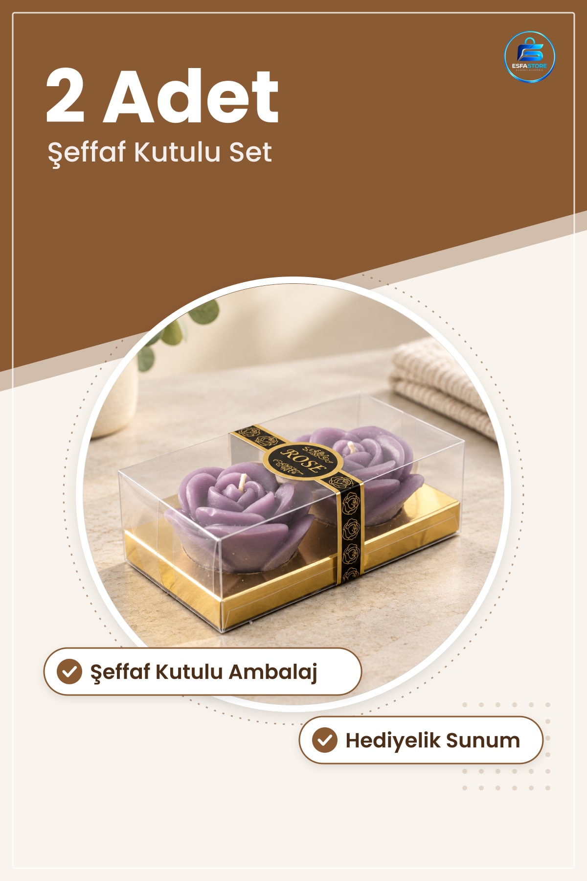 Gül Şeklinde Dekoratif Mum Kandil Ev Dekorasyonu 2 Adet Hediyelik Şeffaf Kutulu Set