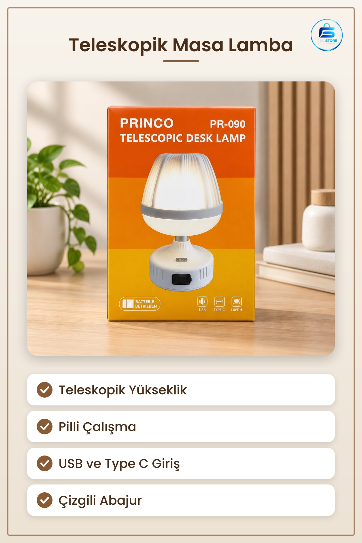 Masa ve Gece Lampı Abajur Teleskopik Pilli USB Type C Girişli Okuma Çalışma Aydınlatması