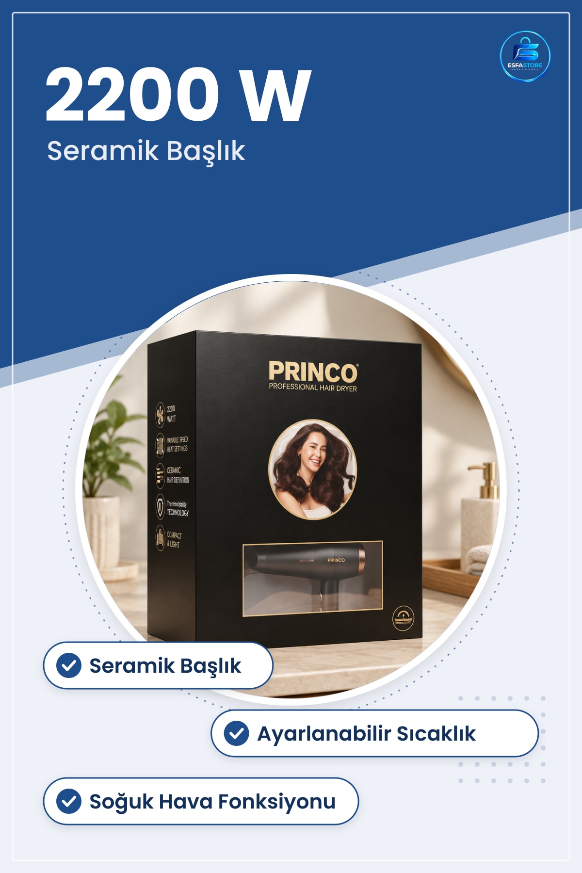 Fön Makinesi 2200 Watt Saç Kurutma Seramik Ayarlı Sıcaklık Soğuk Hava Ev Kişisel Bakım