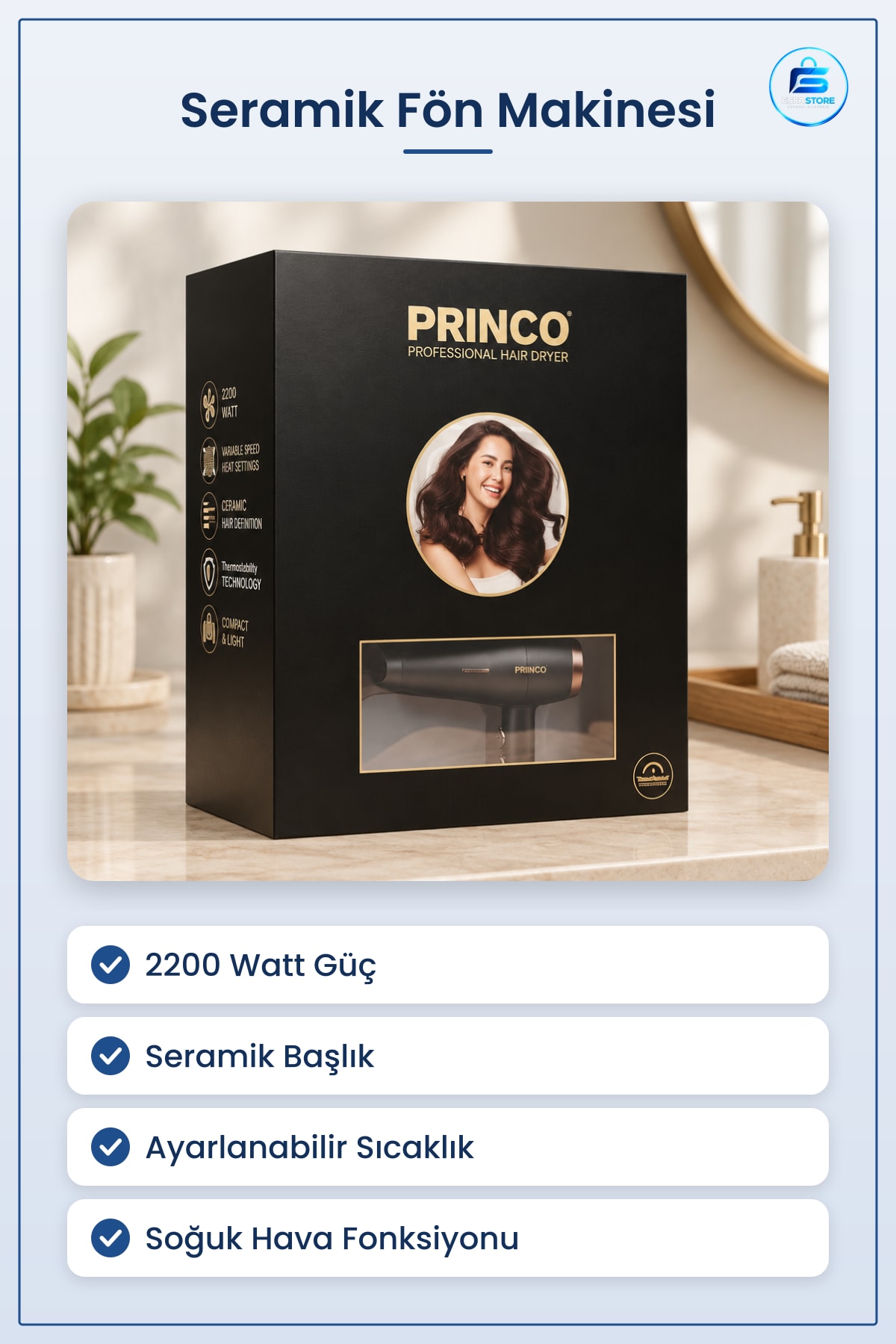Fön Makinesi 2200 Watt Saç Kurutma Seramik Ayarlı Sıcaklık Soğuk Hava Ev Kişisel Bakım
