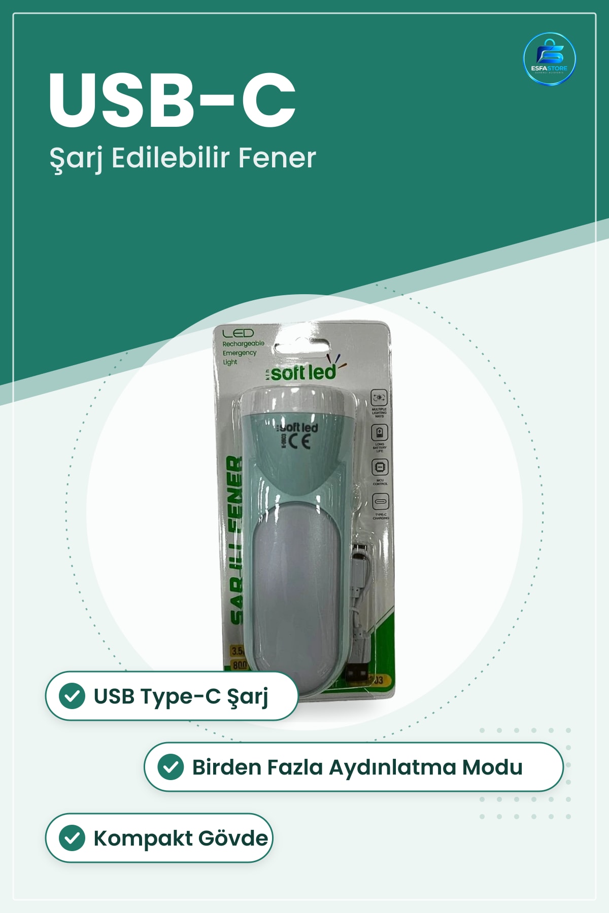 Şarjlı El Feneri LED Taşınabilir Kamp ve Acil Durum Aydınlatma USB C Girişli Şarj Edilebilir