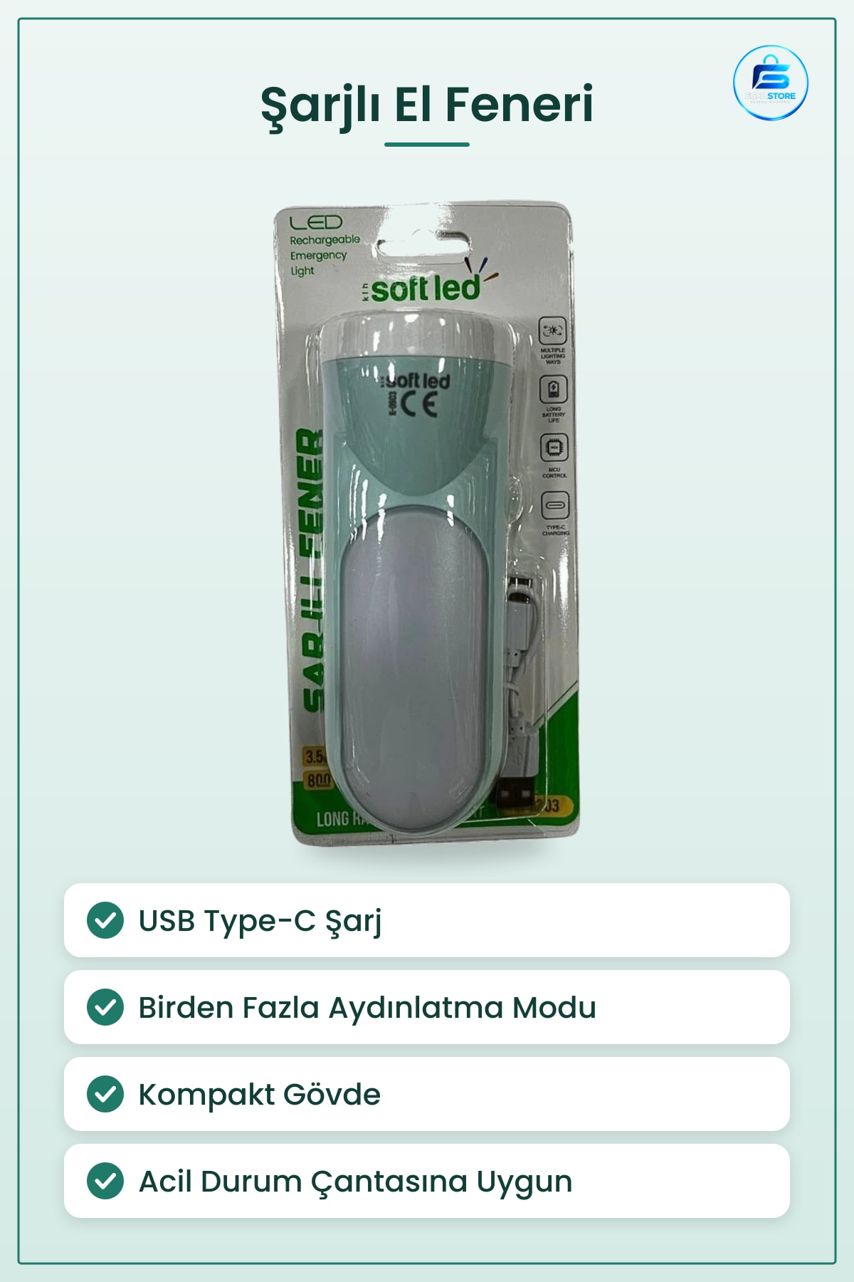 Şarjlı El Feneri LED Taşınabilir Kamp ve Acil Durum Aydınlatma USB C Girişli Şarj Edilebilir