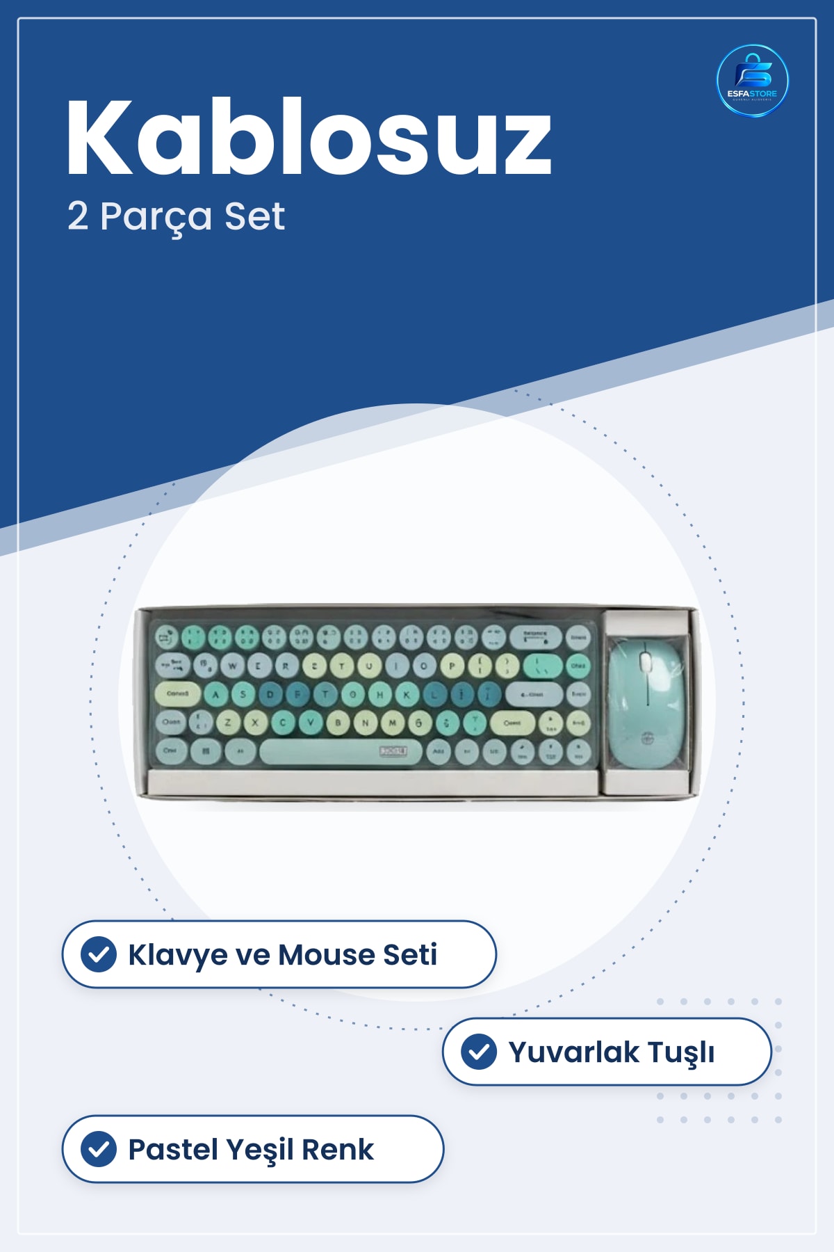 Kablosuz Klavye Mouse Set Yeşil Yuvarlak Tuşlu Masaüstü Ofis ve Ev Bilgisayar Çevre Birimi