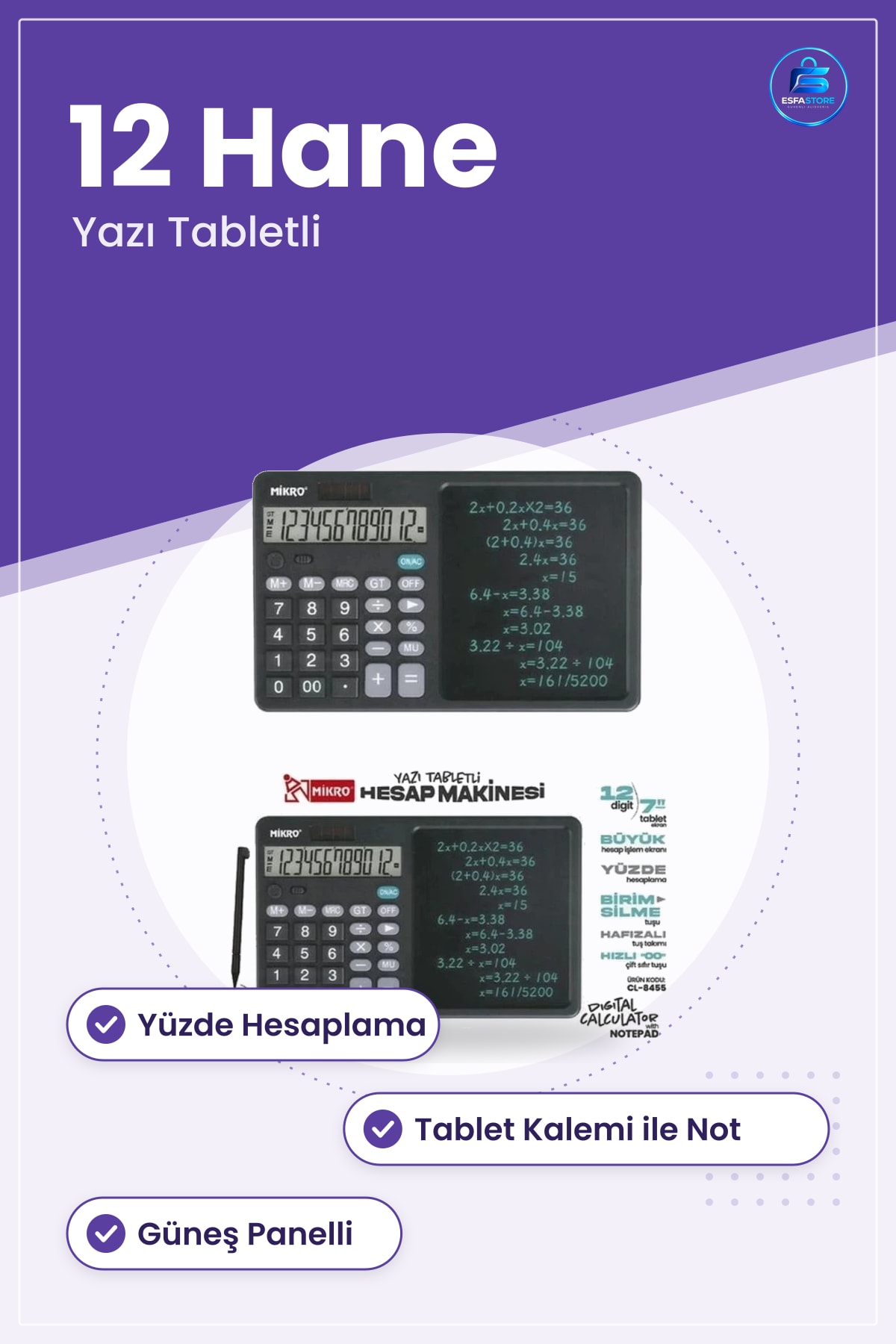 Yazı Tabletli Hesap Makinesi Haneli Güneşli Ofis Okul Masa Üstü Yüzde Hesaplama Kalemli Not