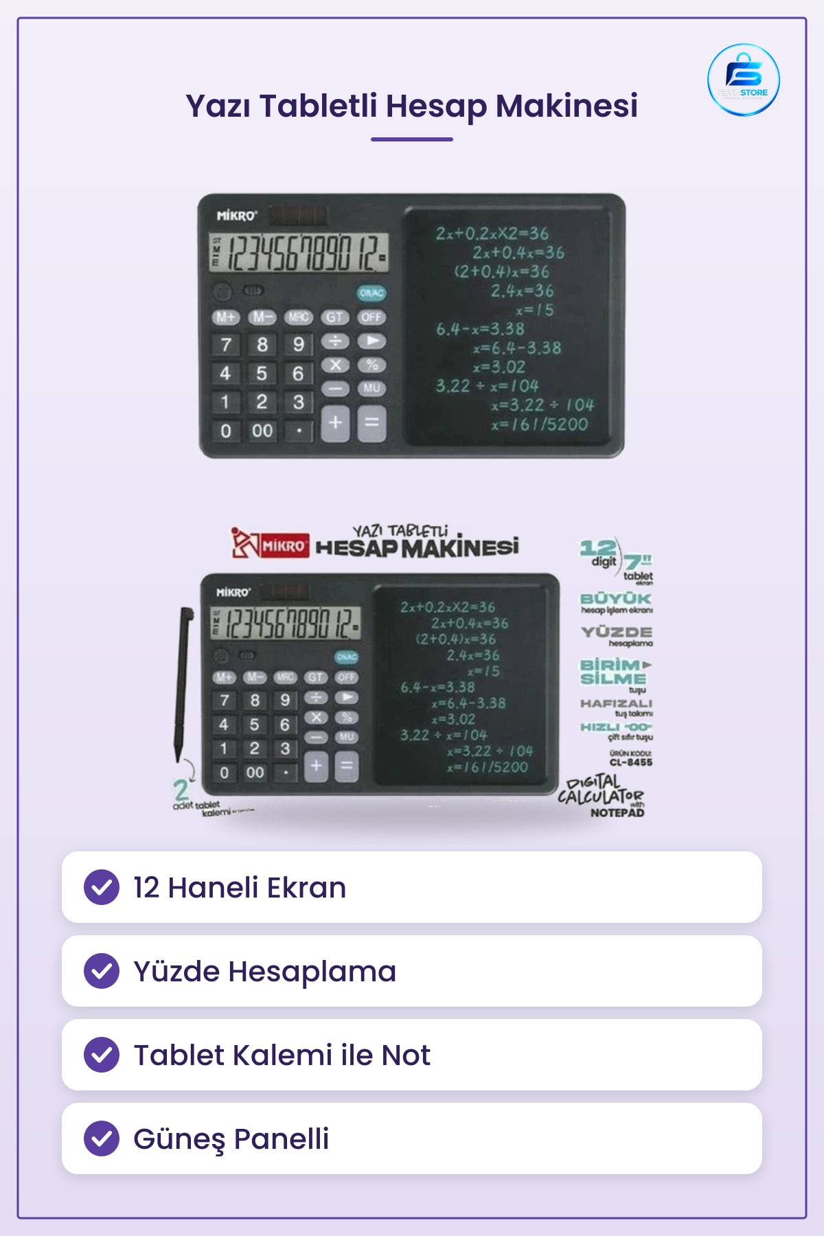 Yazı Tabletli Hesap Makinesi Haneli Güneşli Ofis Okul Masa Üstü Yüzde Hesaplama Kalemli Not