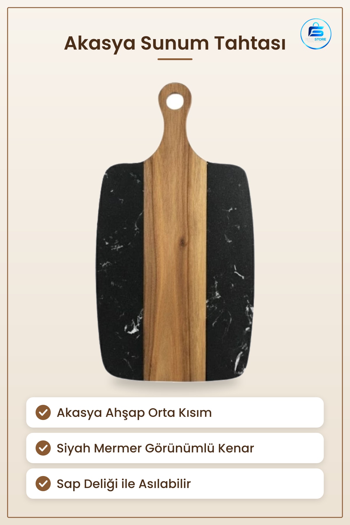 Akasya Mermer Sunum Kesme Tahtası Ahşap Servis Peynir Kahvaltı Mutfak Sofra Şık Kullanışlı