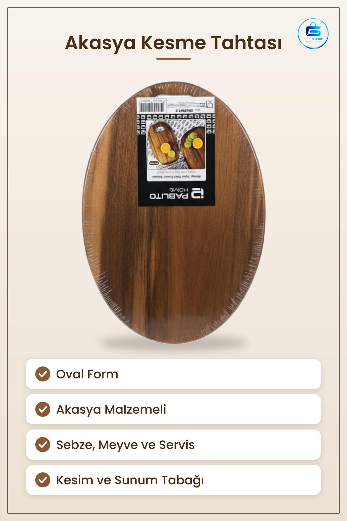 Akasya Kesme Tahtası Oval Kesim Panosu Mutfak İçin Ahşap Yemek Hazırlık Servis Sunumu