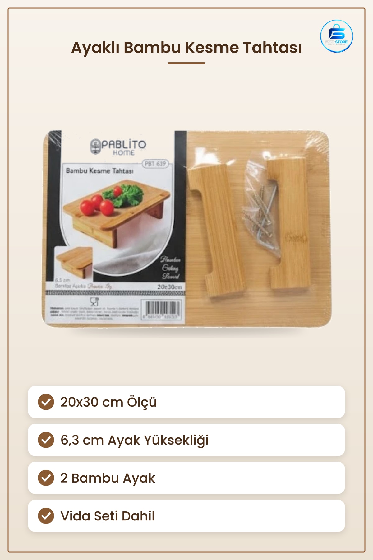 Ayaklı Bambu Kesme Tahtası 20x30 cm Kesim Panosu Mutfak Servis Sabit Ayak Pratik Yemek Hazırlık