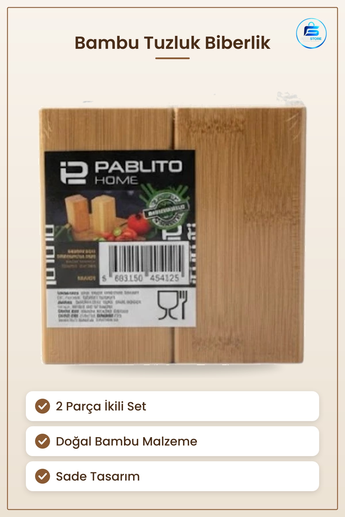 Tuzluk Biberlik Bambu İkili Set 2 Parça Doğal Malzeme Sofra Masa Mutfak Kullanımı Sade Tasarım