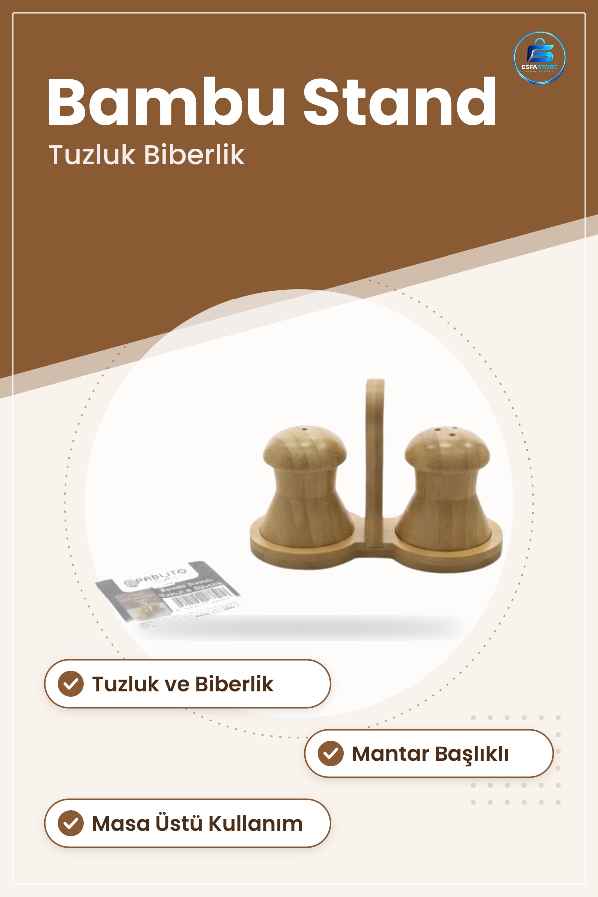 Tuzluk Biberlik Bambu Standlı Set Mutfak Sofra Masa Üstü Pratik Baharatlık Seti Doğal Malzeme
