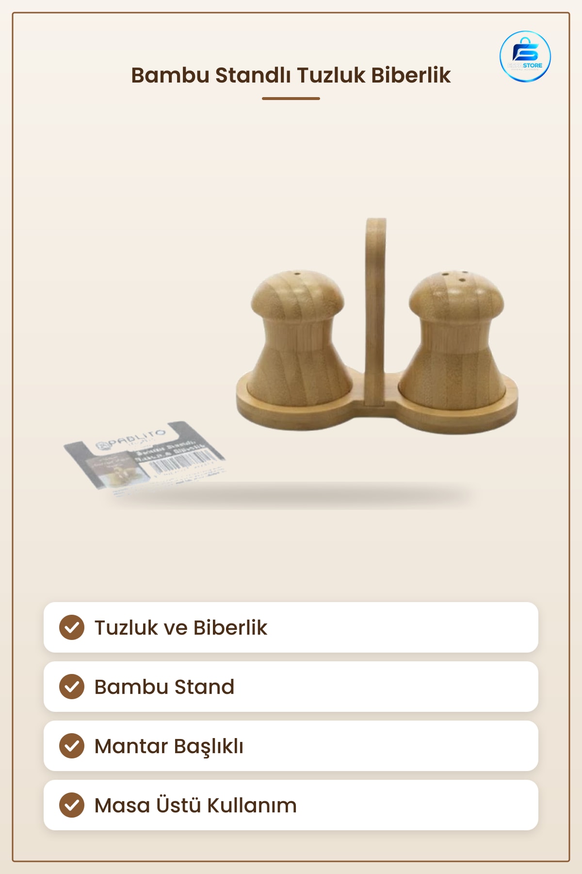 Tuzluk Biberlik Bambu Standlı Set Mutfak Sofra Masa Üstü Pratik Baharatlık Seti Doğal Malzeme
