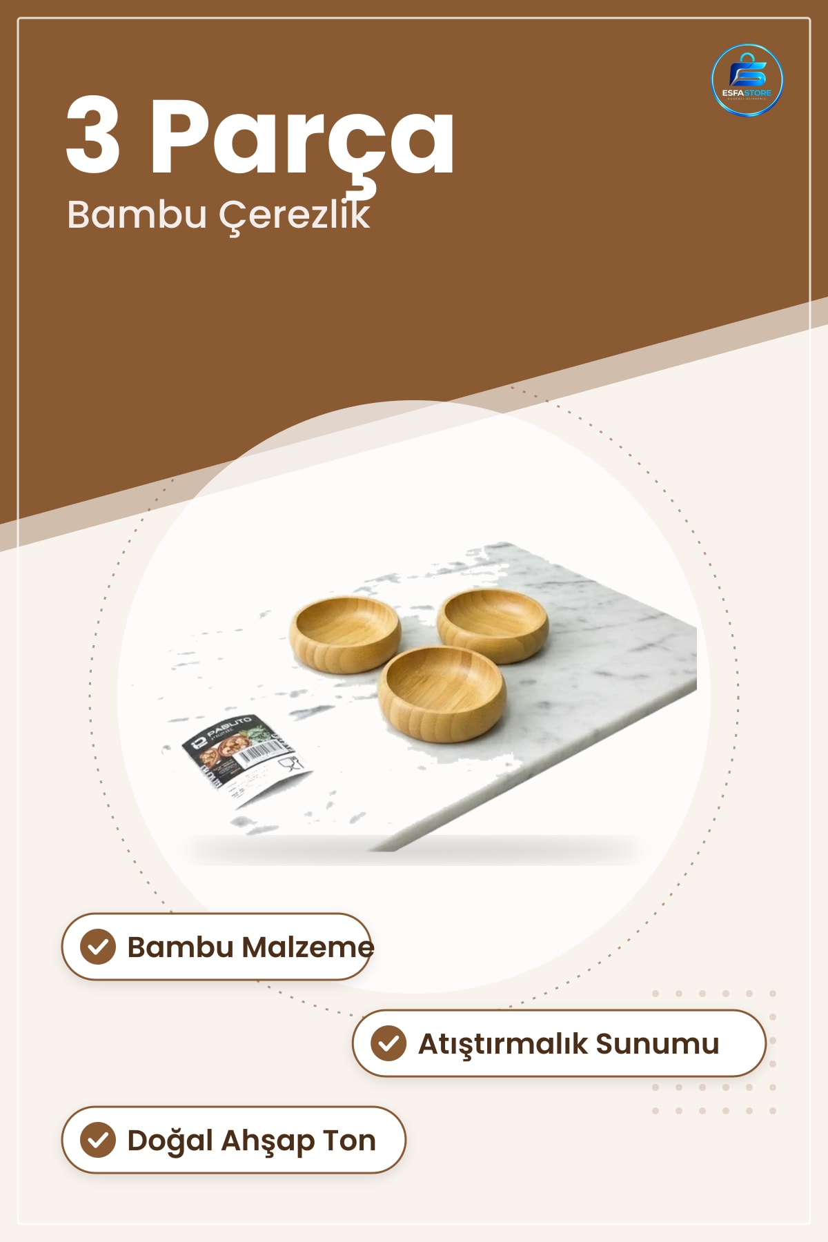Kase Bambu Çerezlik Seti 3 Parça Mutfak Sofra Atıştırmalık Sunum Kasesi Ev Dekoratif Servis