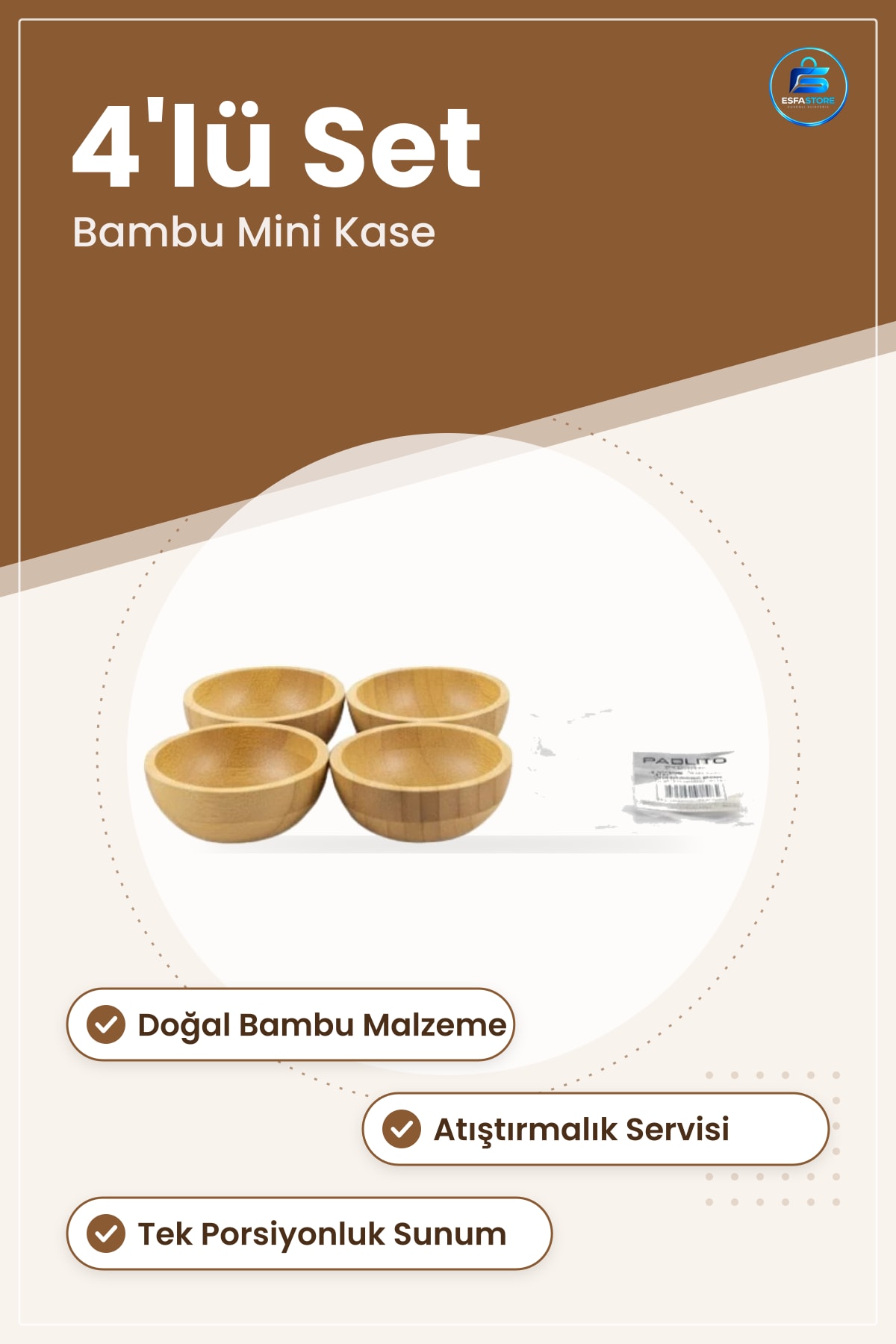 Bambu Mini Çerezlik Kase 4'lü Set Atıştırmalık Sunumluk Doğal Servis Küçük Porsiyon Sofra Kasesi
