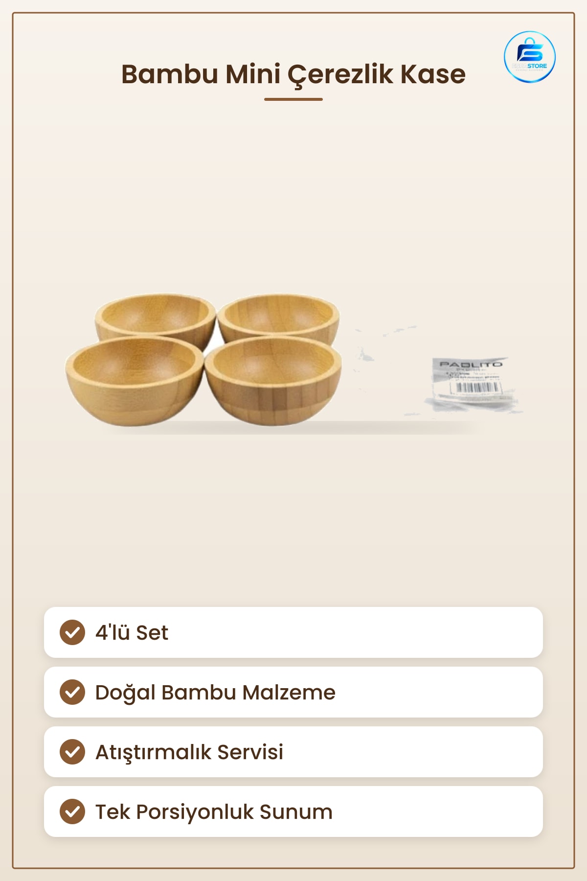 Bambu Mini Çerezlik Kase 4'lü Set Atıştırmalık Sunumluk Doğal Servis Küçük Porsiyon Sofra Kasesi