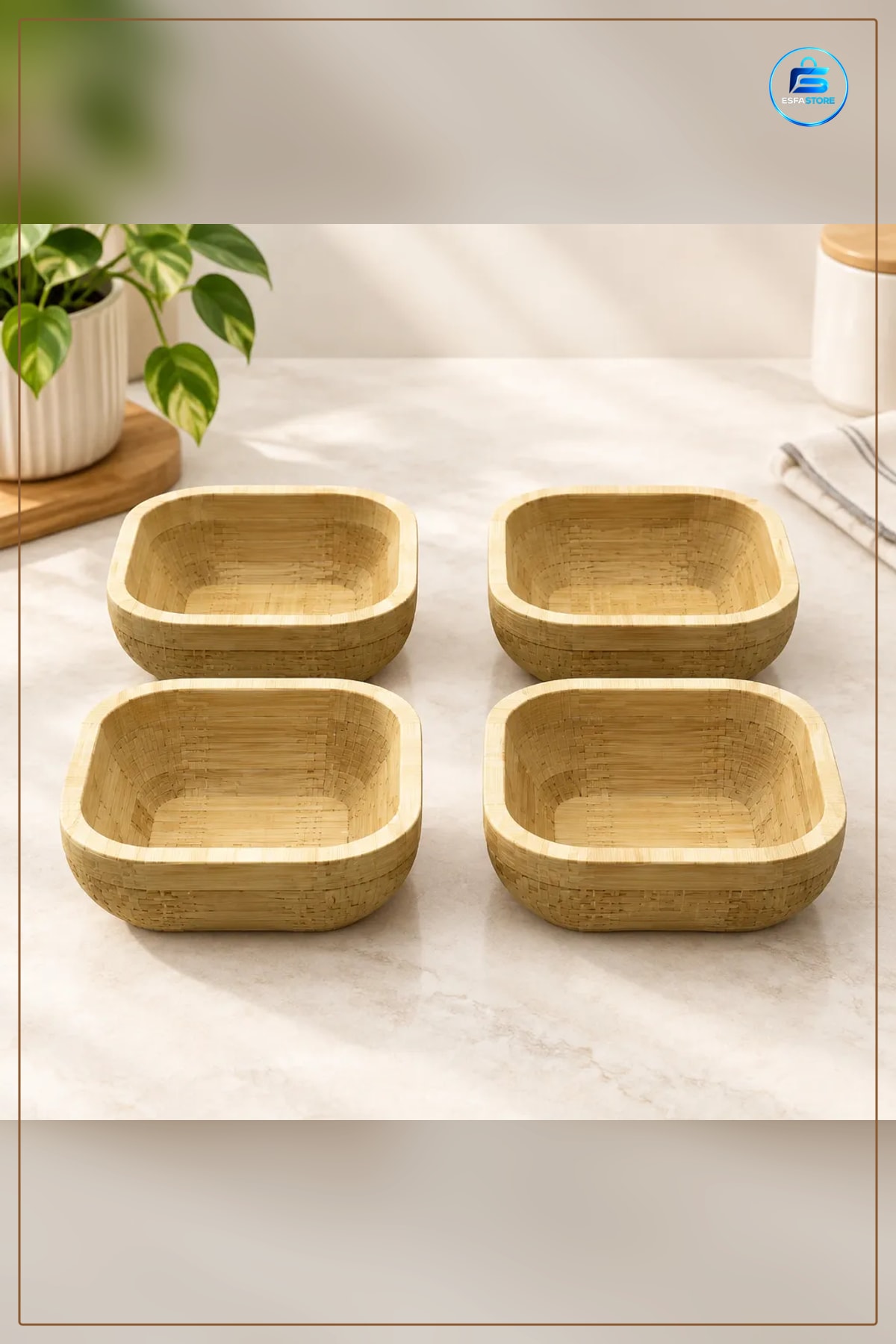 Bambu Mini Kare Kase 4'lü Çerezlik Kuruyemiş Atıştırmalık Sunum Mutfak Sofra Dekoratif