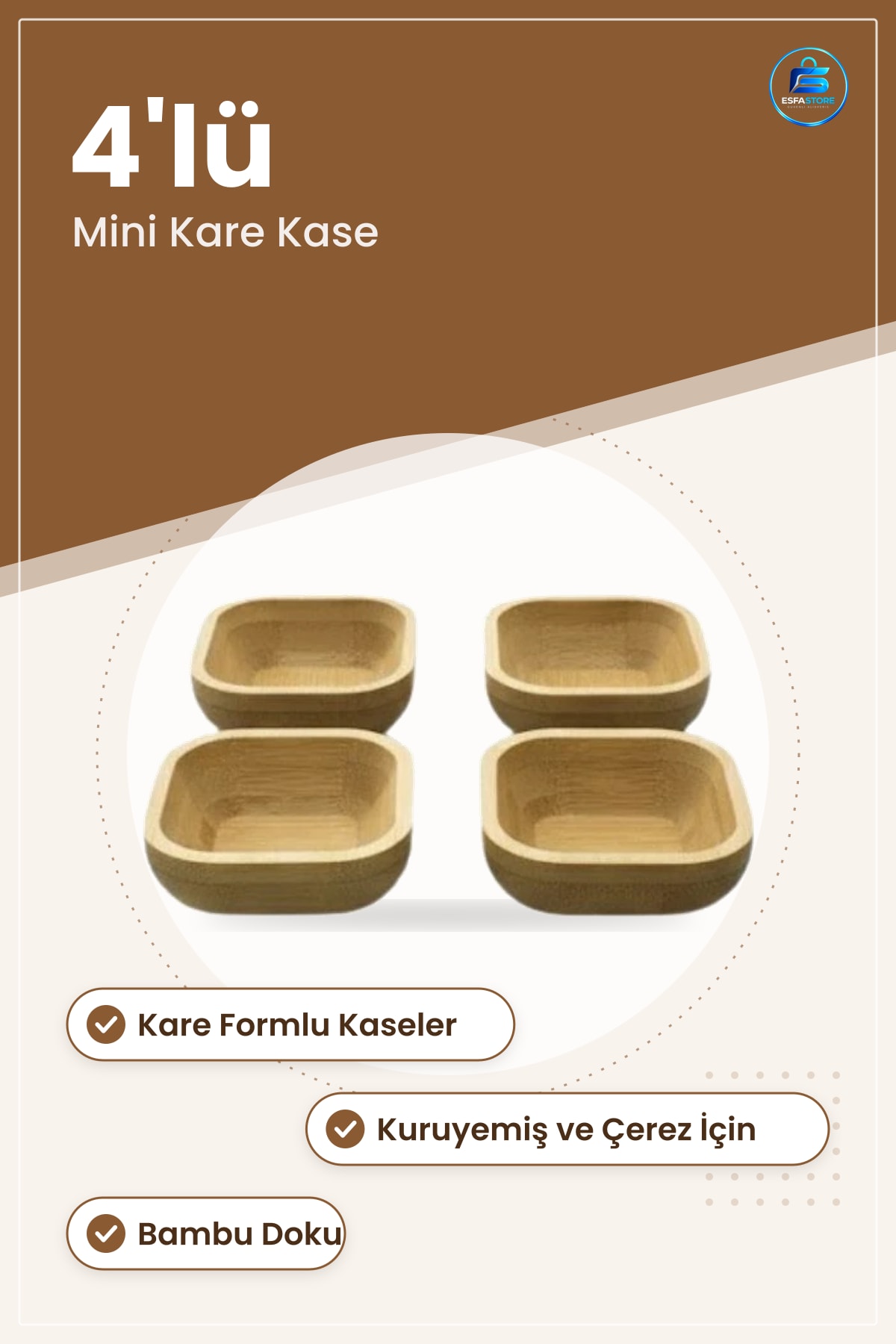 Bambu Mini Kare Kase 4'lü Çerezlik Kuruyemiş Atıştırmalık Sunum Mutfak Sofra Dekoratif