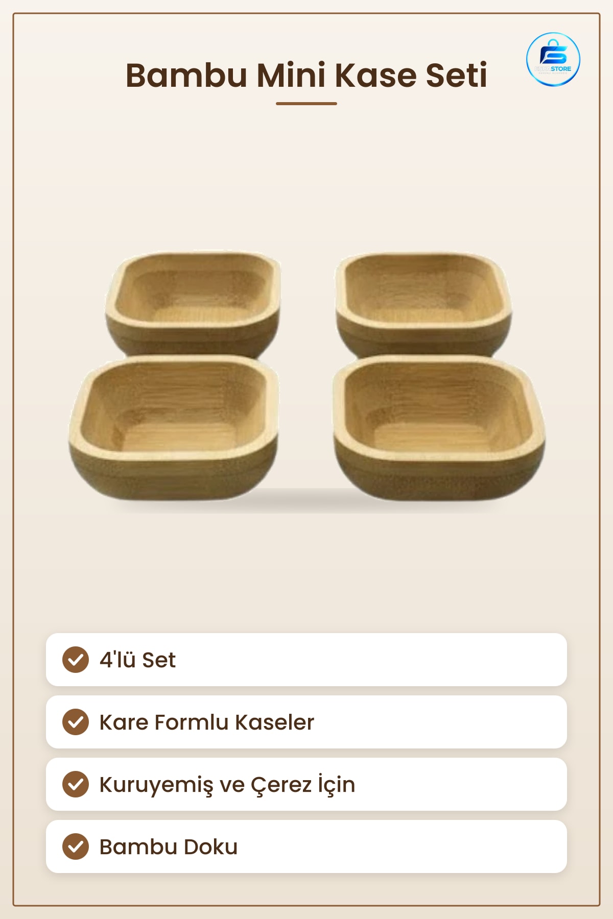 Bambu Mini Kare Kase 4'lü Çerezlik Kuruyemiş Atıştırmalık Sunum Mutfak Sofra Dekoratif