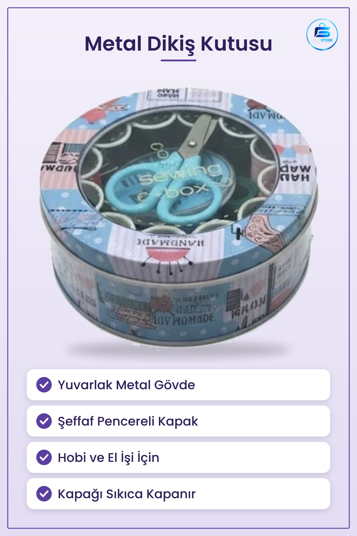 Dikiş Kutusu Metal Yuvarlak Pencereli El İşi Malzemesi Saklama Düzenleyici Hobi Ev Ofis Kullanımı