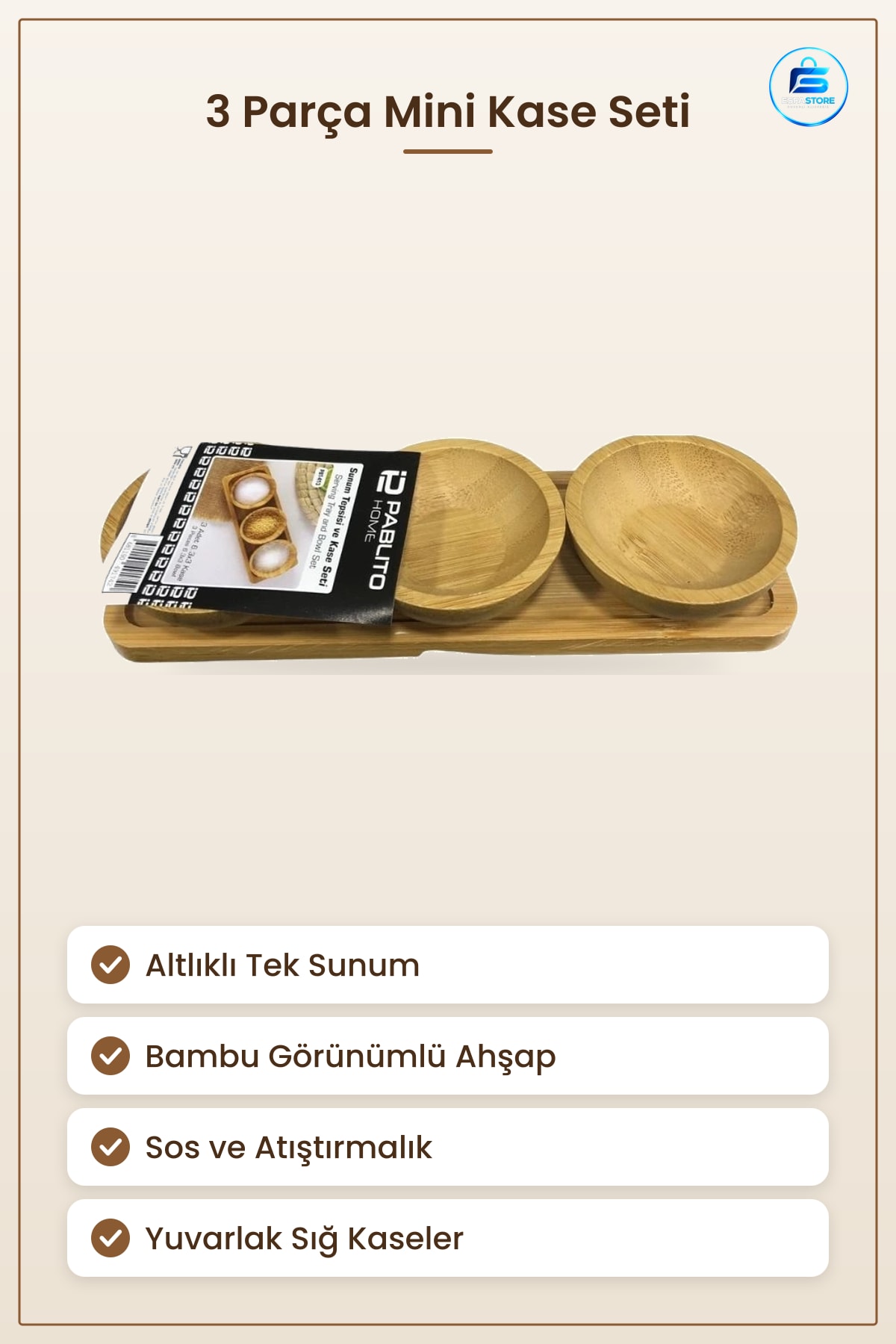 3 Parça Mini Kase Seti Altlıklı Bambu Tepsili Sunum Sofra Mutfak Atıştırmalık Servis Baharat