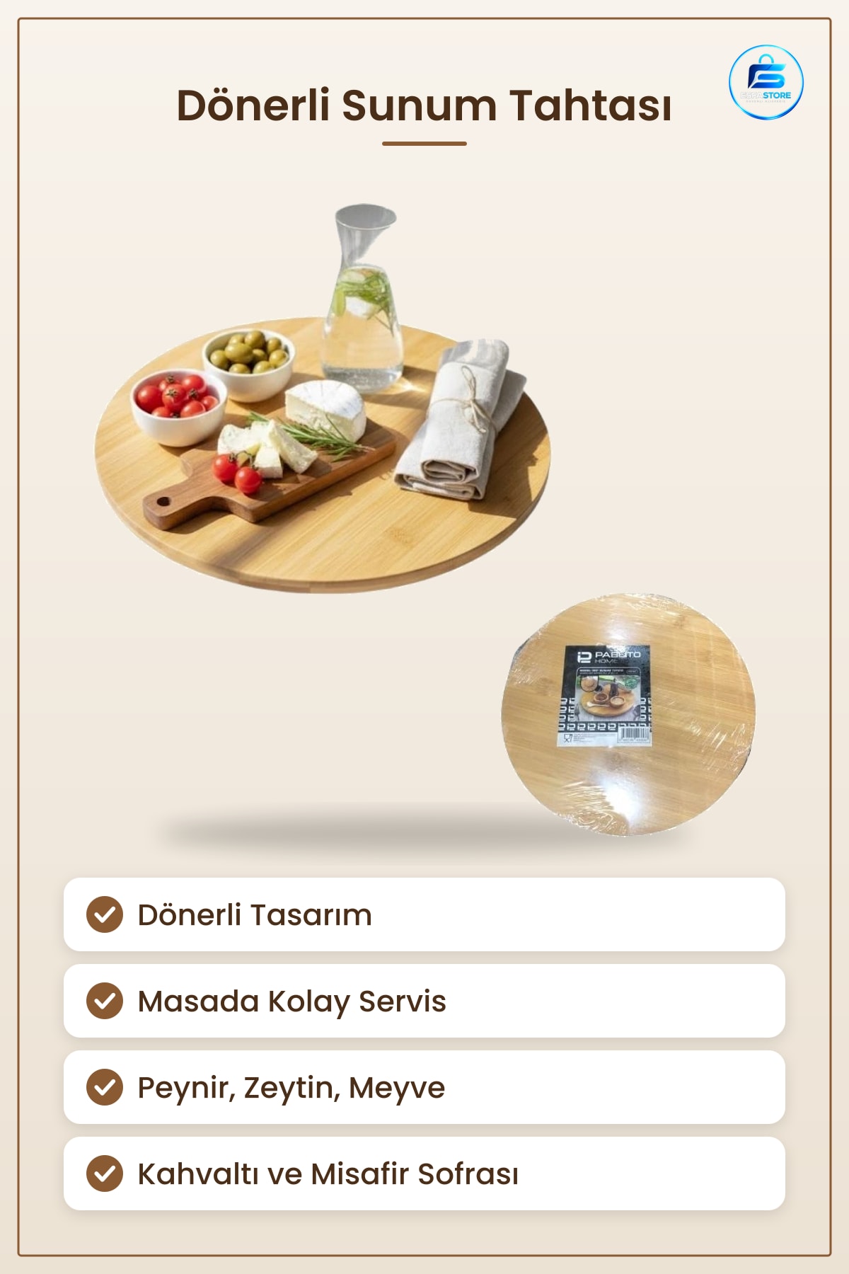 Dönerli Kesme Tahtası Sunum Döner Yuvarlak Servis Mutfak Sofra Kolay Kullanım Pratik