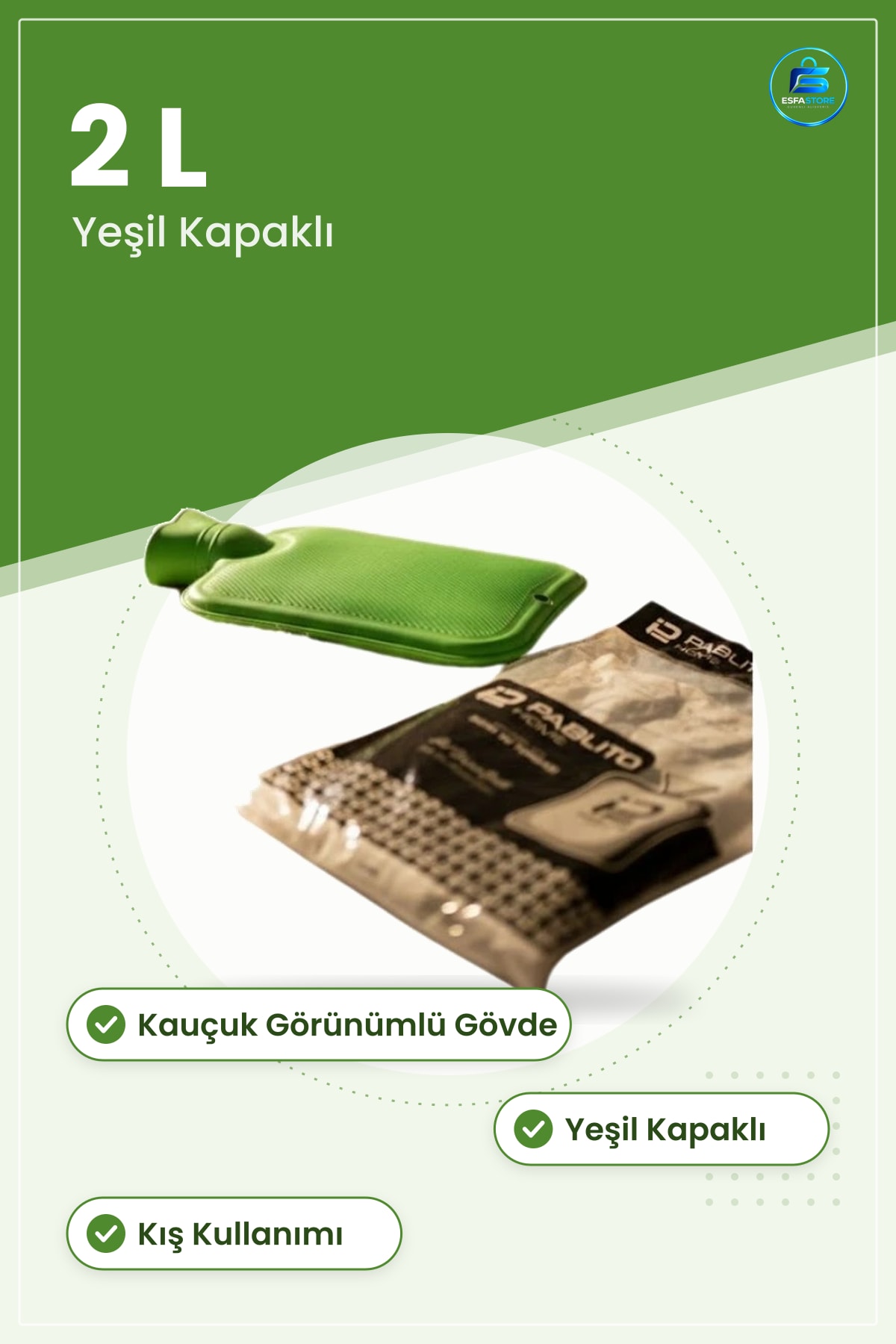 Sıcak Su Torbası 2 L Yeşil Kapaklı Kauçuk Sade Ev Tipi Isıtıcı Torba Kış Kullanımı