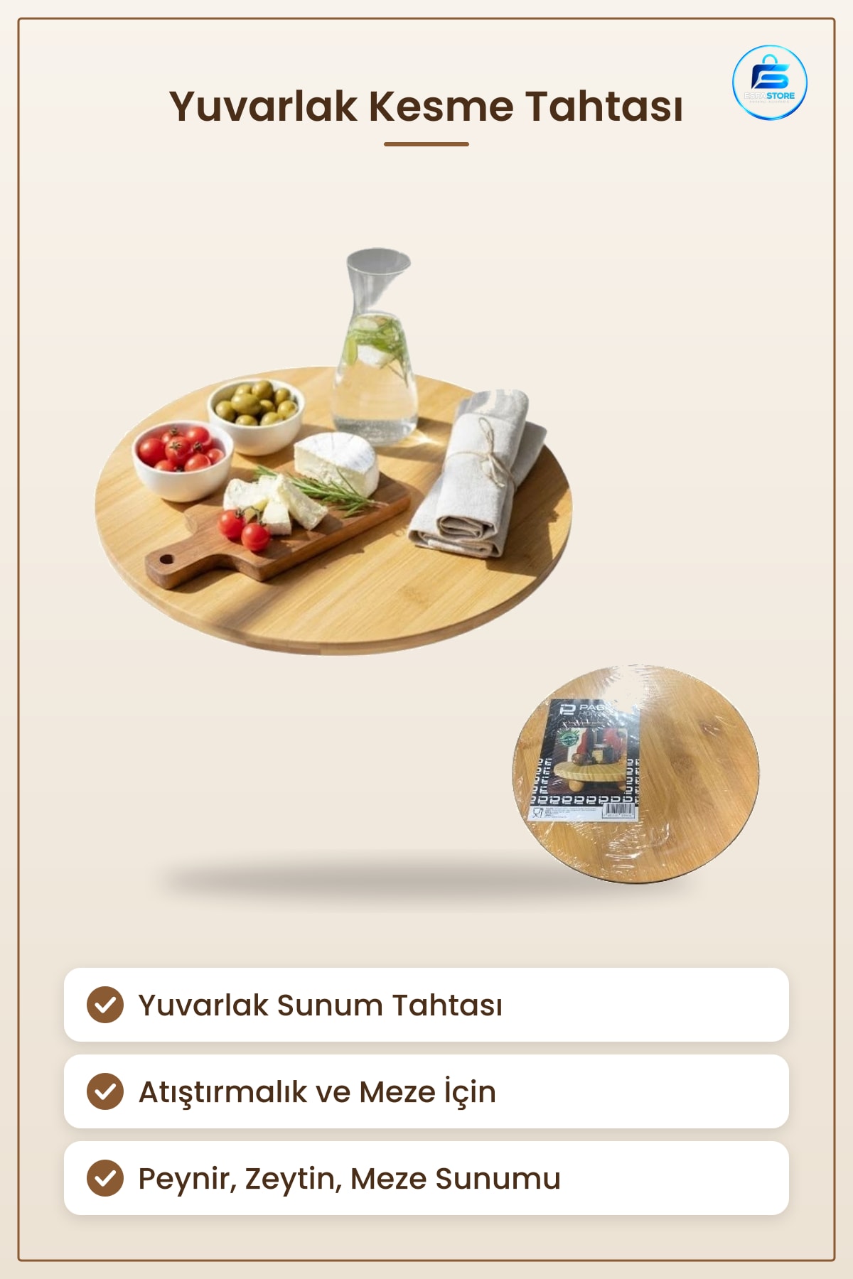 Yuvarlak Kesme Tahtası Sunum Servis Tabağı Atıştırmalık Mezeler İçin Mutfak Sofra Dekor