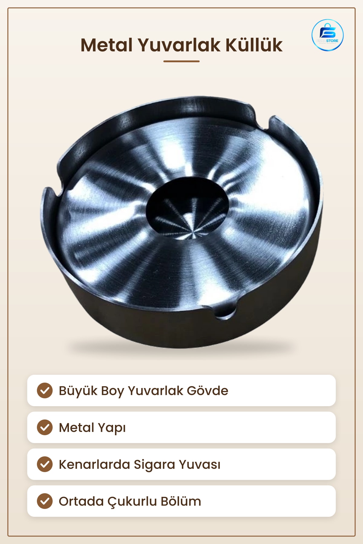 Metal Küllük Büyük Boy Yuvarlak Tekli Ev Dekorasyon ve Masa Kullanımı İçin Sigara Külü Kabı