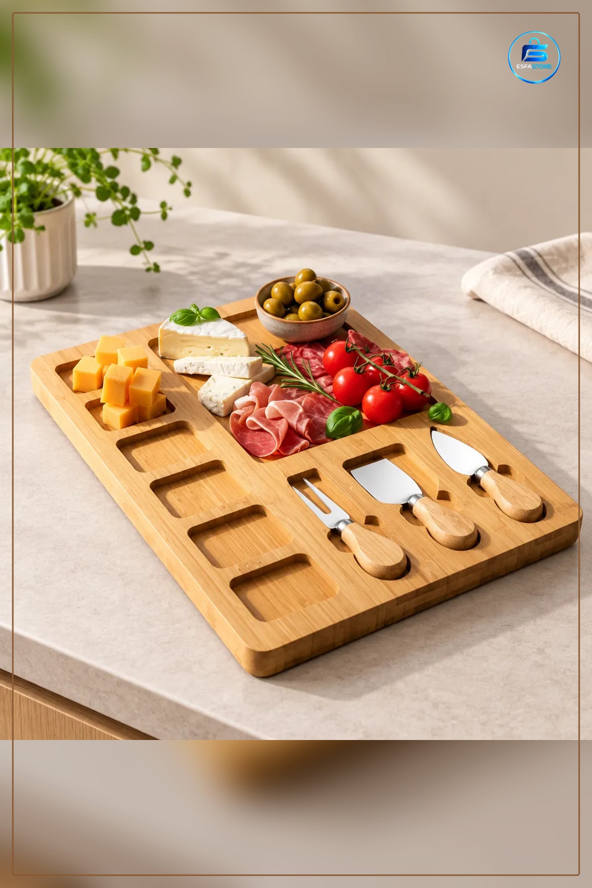 Bambu Kesme Tahtası 3 Bıçaklı Peynir Sunum Seti Mutfak Servisi Doğal Sofra Aksesuarı