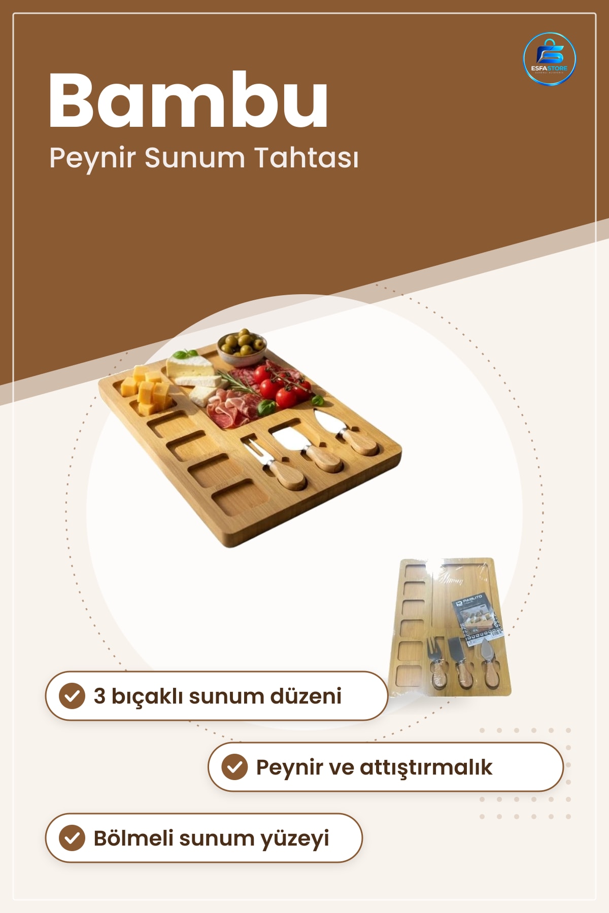 Bambu Kesme Tahtası 3 Bıçaklı Peynir Sunum Seti Mutfak Servisi Doğal Sofra Aksesuarı