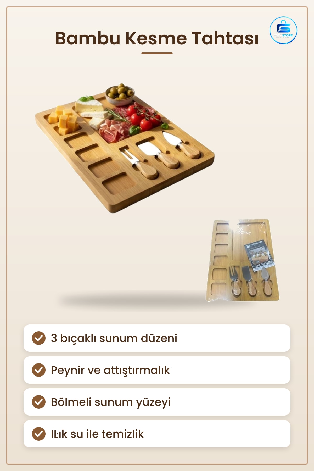 Bambu Kesme Tahtası 3 Bıçaklı Peynir Sunum Seti Mutfak Servisi Doğal Sofra Aksesuarı