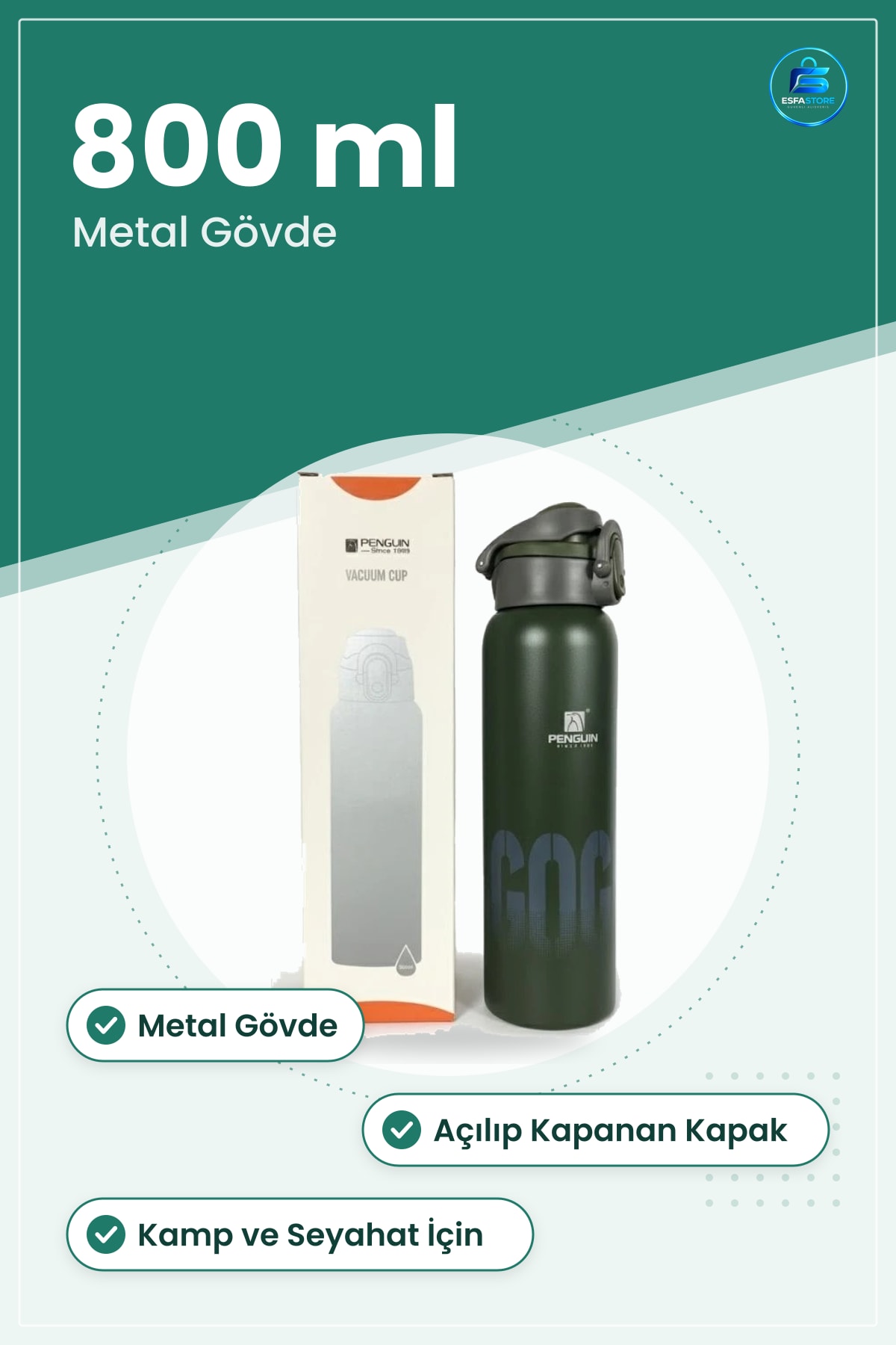 Termos 800 ml Metal Gövdeli Kamp Outdoor Seyahat Sıcak ve Soğuk İçecek Şişesi Ofis Vakumlu
