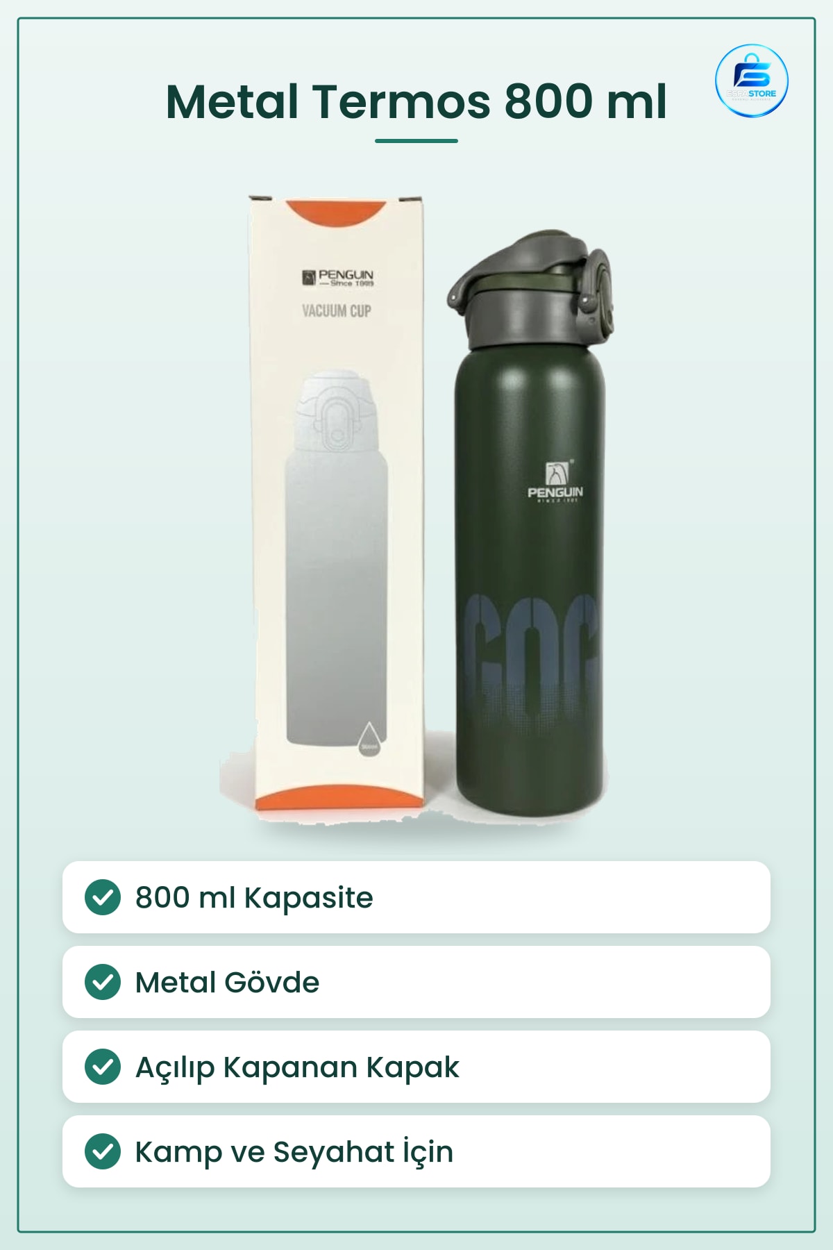 Termos 800 ml Metal Gövdeli Kamp Outdoor Seyahat Sıcak ve Soğuk İçecek Şişesi Ofis Vakumlu