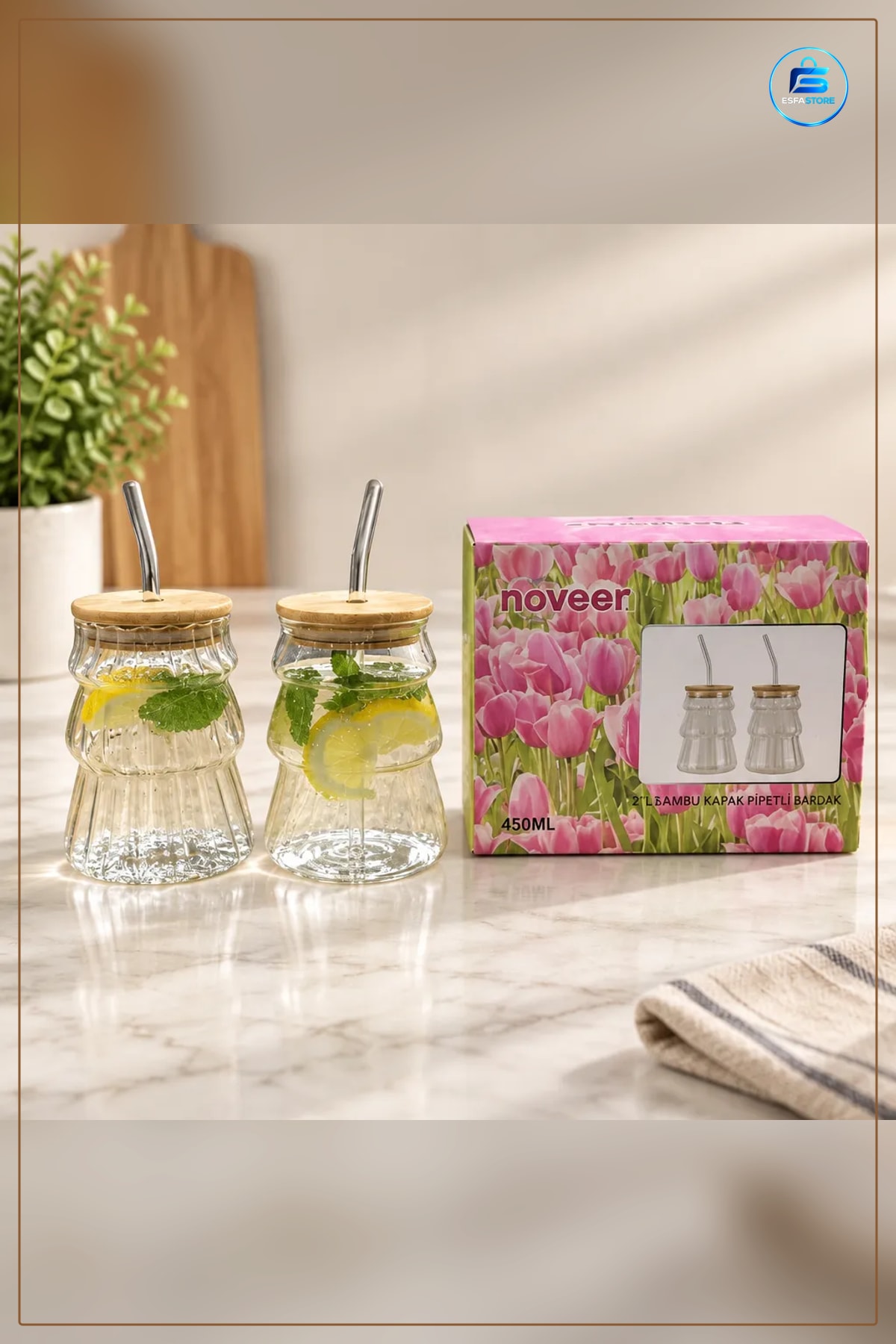 Pipetli Bardak 2 Adet Bambu Kapaklı Şeffaf Cam 450 ml Metal Pipet Seti Ev Mutfak Kullanımı