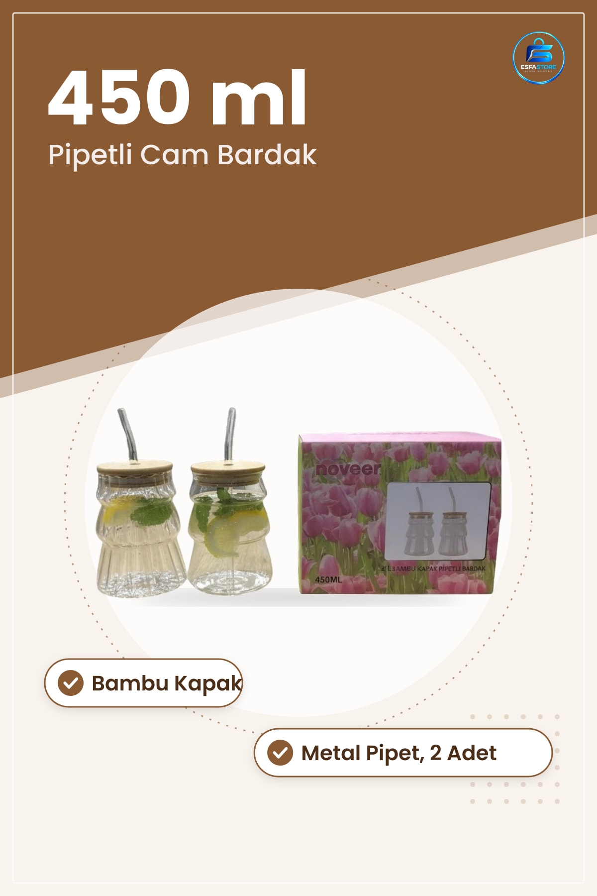 Pipetli Bardak 2 Adet Bambu Kapaklı Şeffaf Cam 450 ml Metal Pipet Seti Ev Mutfak Kullanımı