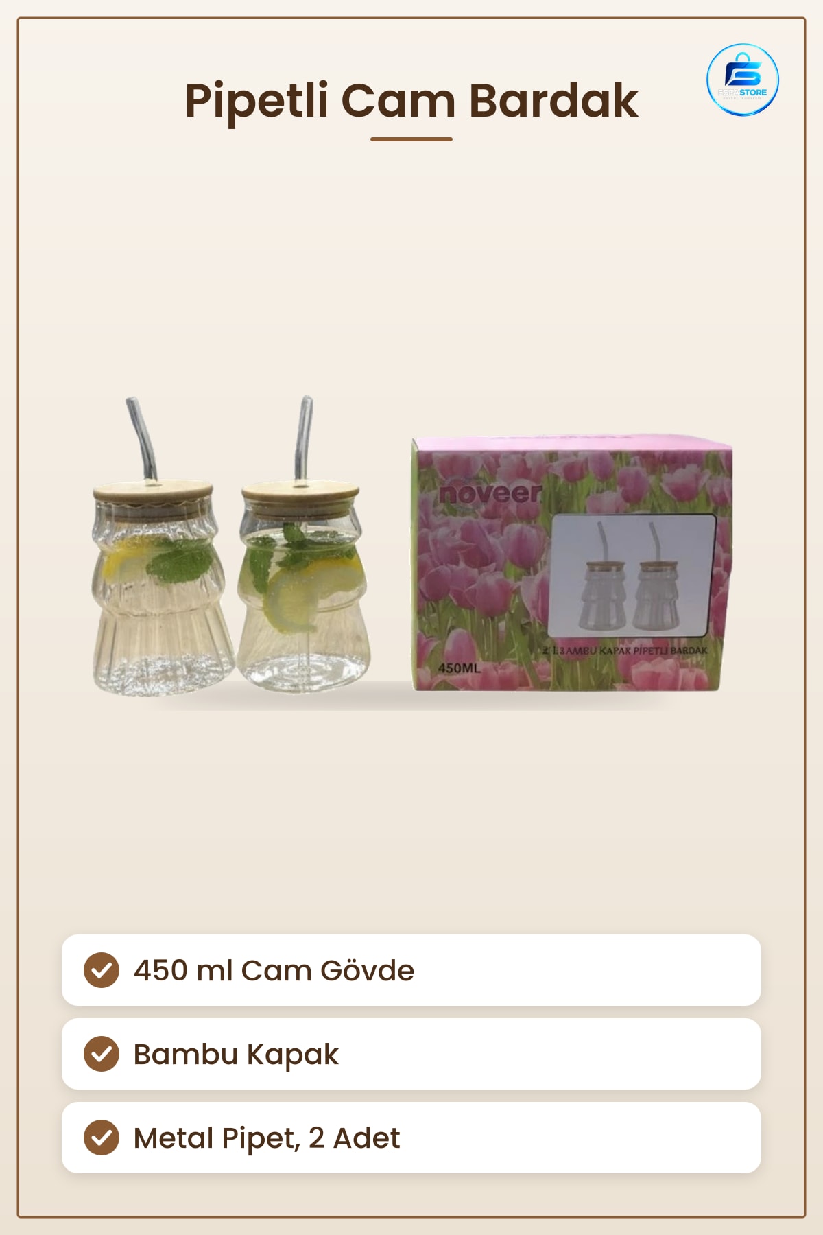 Pipetli Bardak 2 Adet Bambu Kapaklı Şeffaf Cam 450 ml Metal Pipet Seti Ev Mutfak Kullanımı