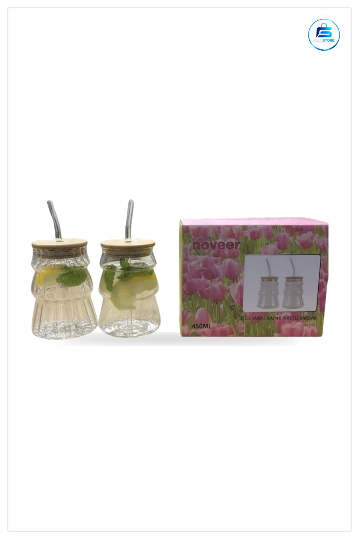 Pipetli Bardak 2 Adet Bambu Kapaklı Şeffaf Cam 450 ml Metal Pipet Seti Ev Mutfak Kullanımı