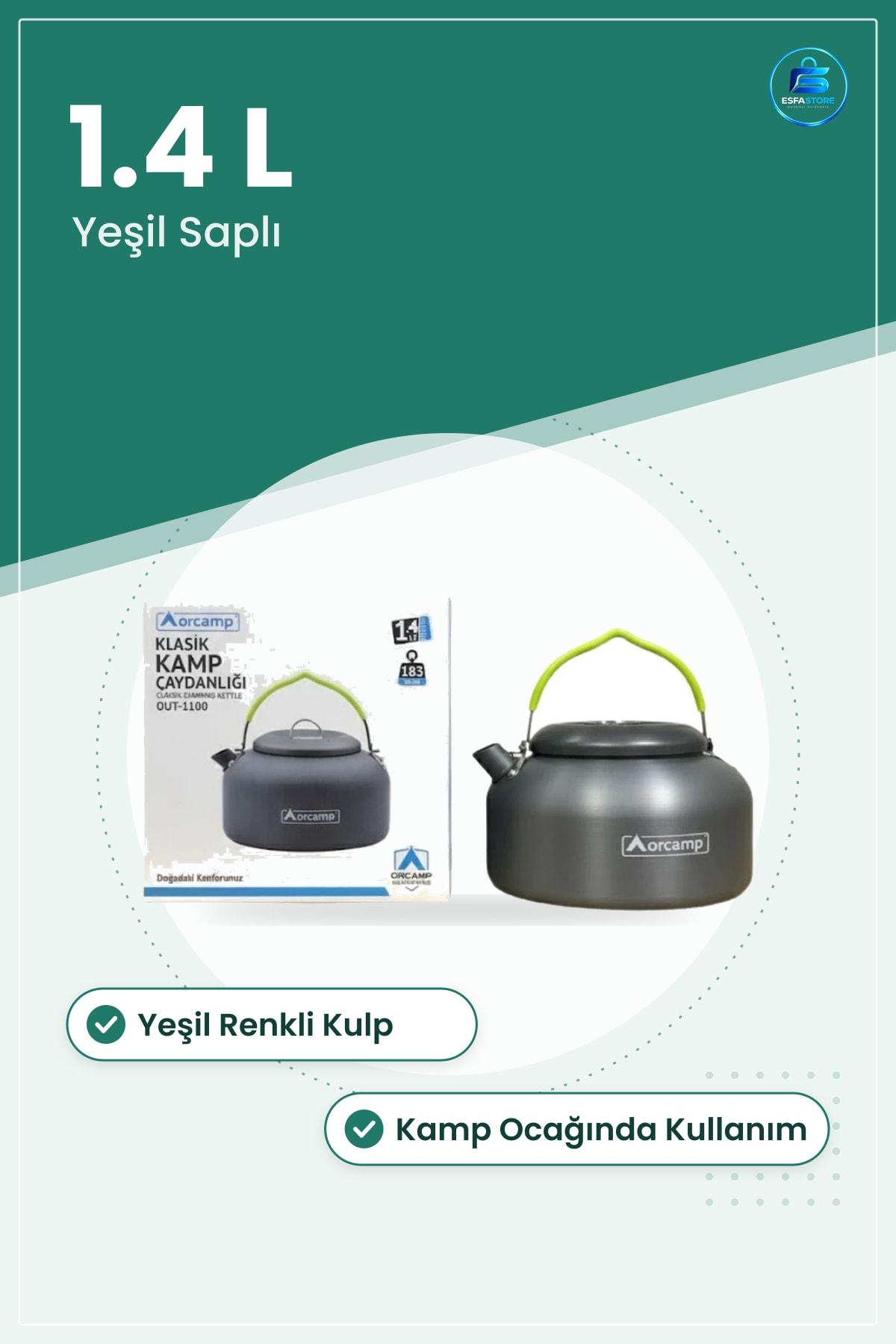 Kamp Çaydanlığı 1.4 L Yeşil Saplı Taşınabilir Çay Su Isıtma Seyahat Mutfak Ekipmanı