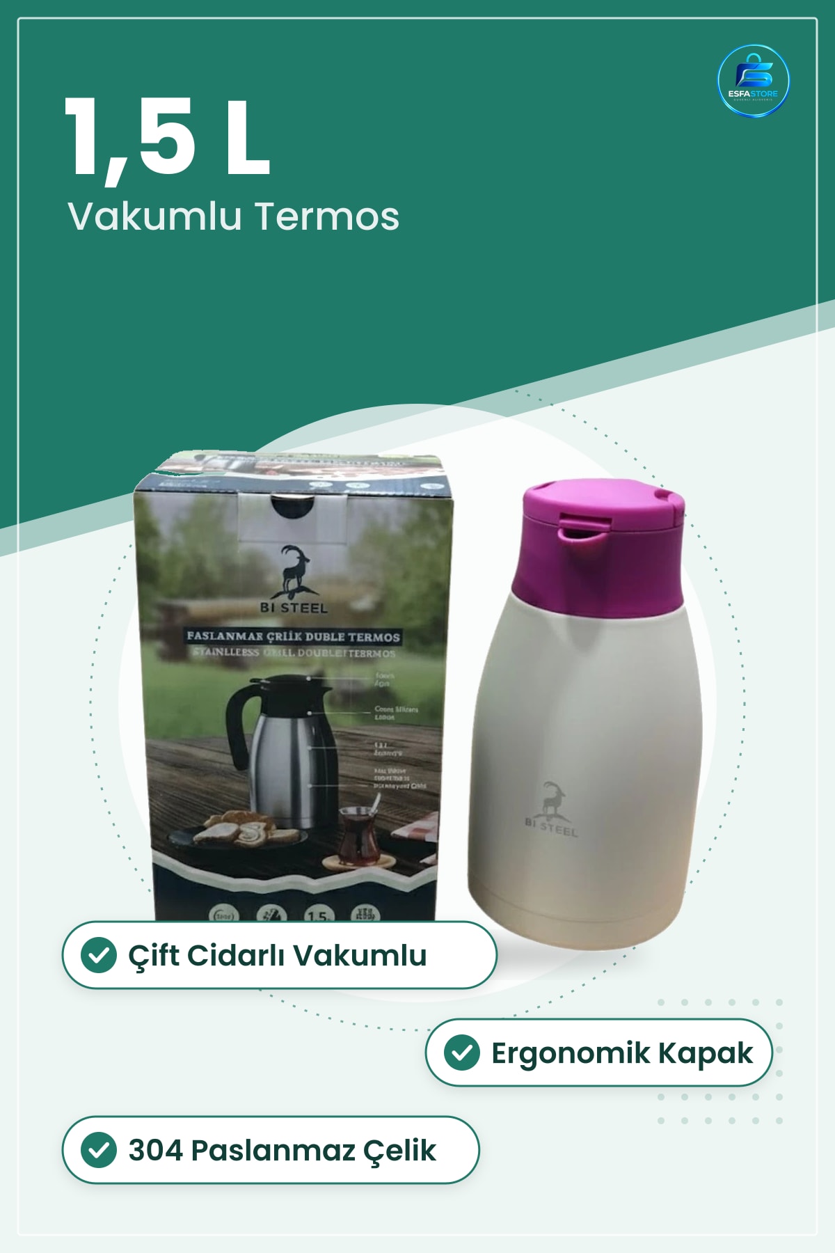 Termos 1,5 L Paslanmaz Çelik Duble Çift Cidarlı Vakumlu Kamp Mutfak Sıcak Soğuk Tutucu