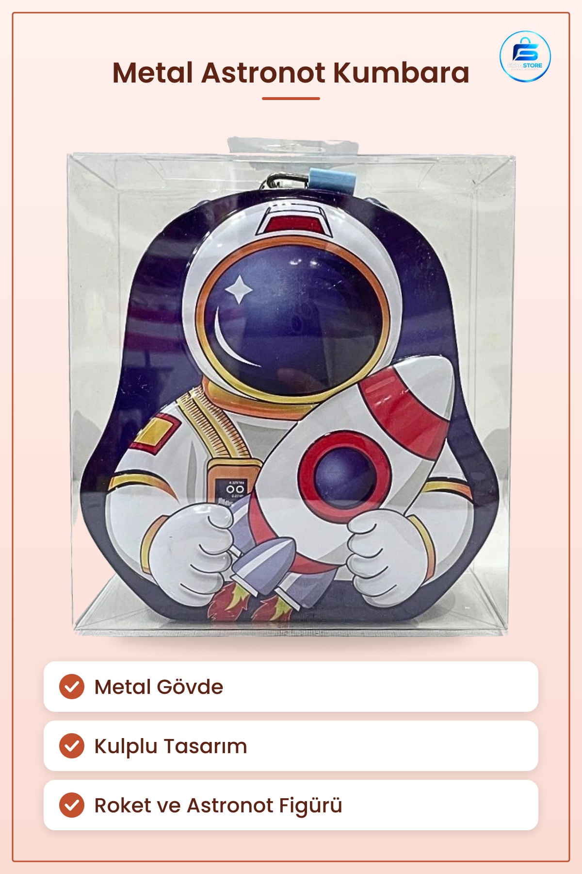 Kumbara Kulplu Metal Astronot Çocuk Para Biriktirme Kutusu Hediyelik Eşya Dekoratif Uzay Temalı