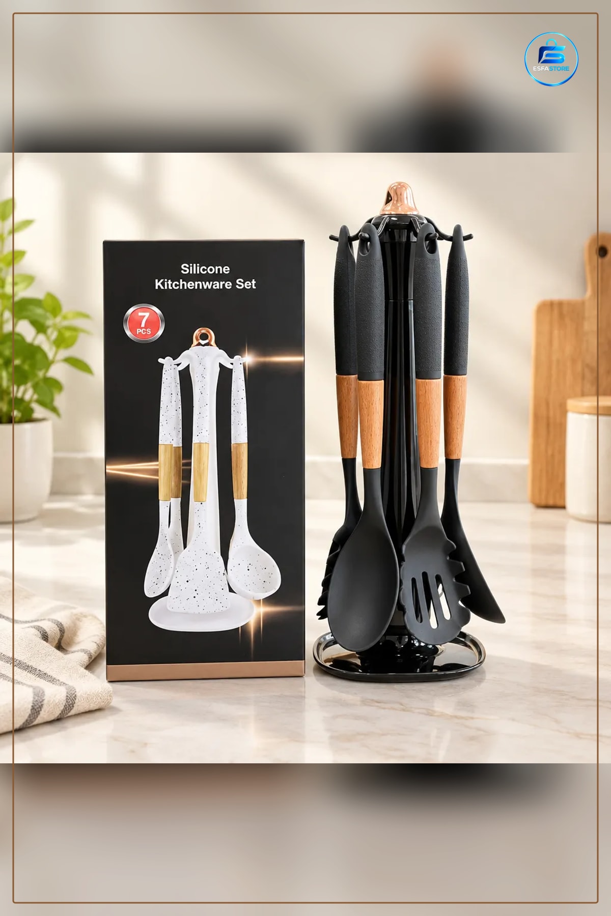 Silikon Spatula Seti 7 Parça Mutfak Yemek Pişirme Kaşığı Ahşap Saplı Standlı Gereçleri